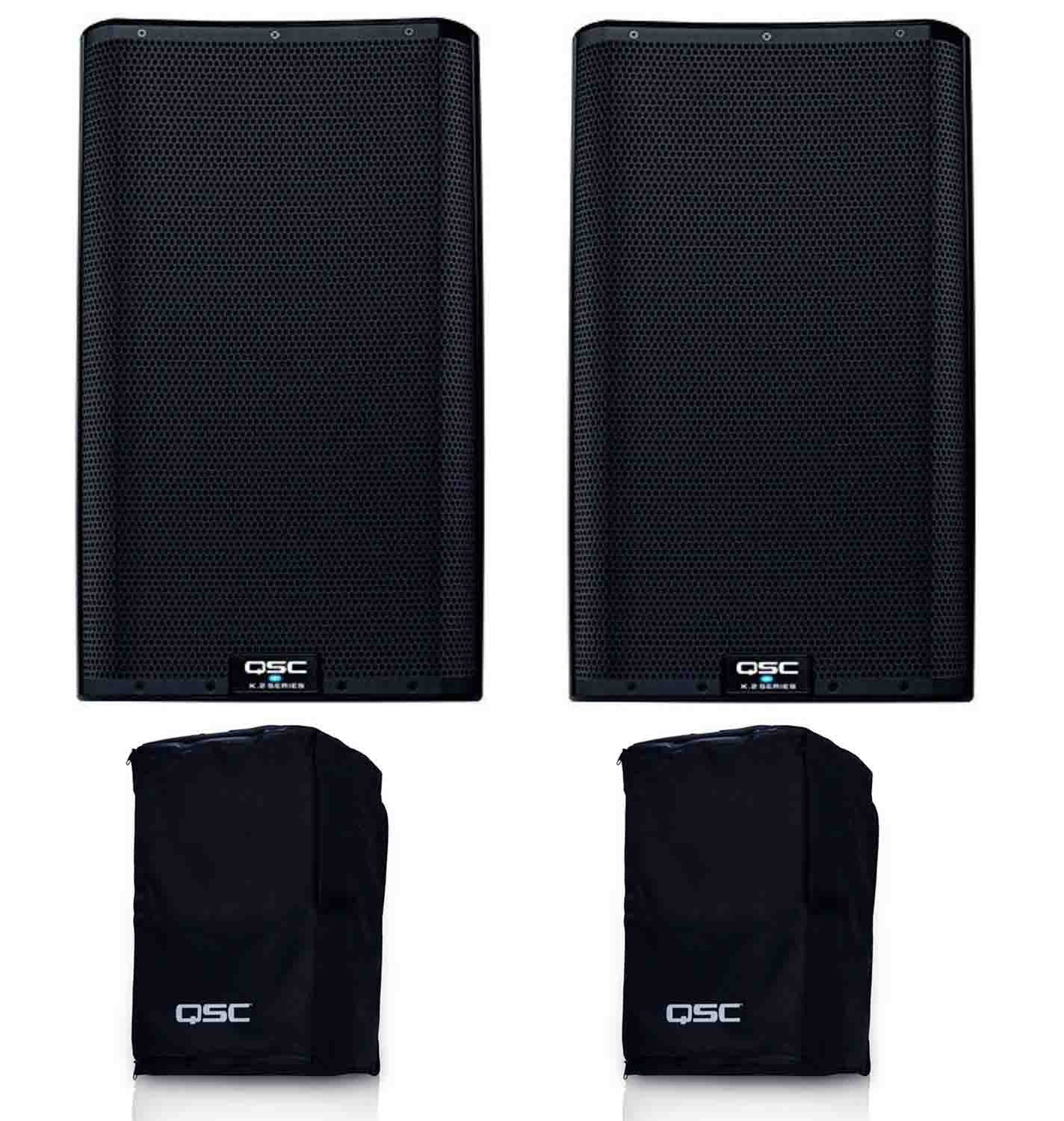 QSC K12.2 powered speaker pair with padded covers, a proven Burning Man sound camp setup from Hollywood DJ