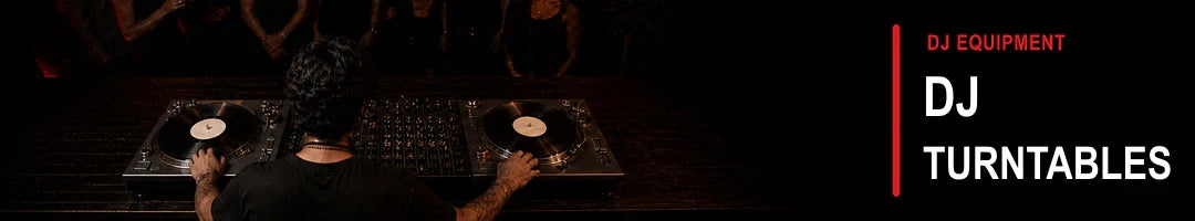 DJ Turntables — professional DJ operating two parallel direct-drive decks and a centered mixer