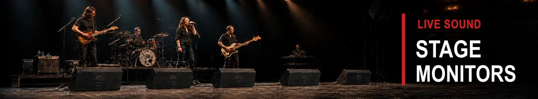 RCF floor-wedge stage monitors facing a live band