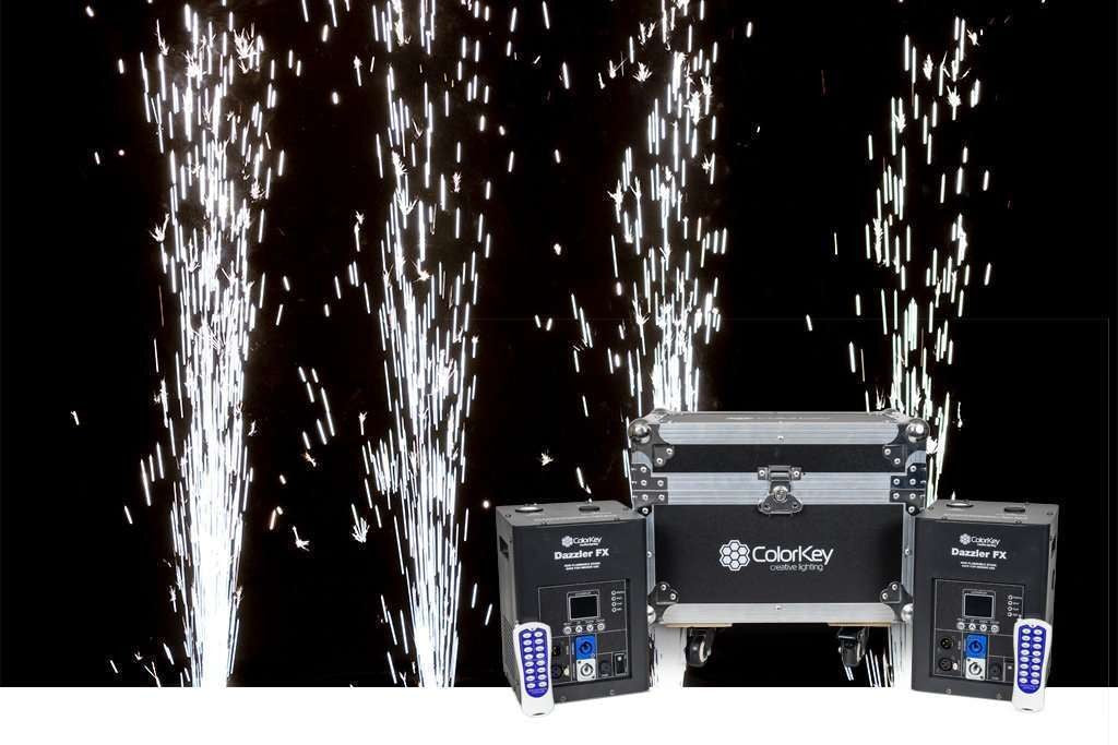 ColorKey CKU-7712 Dazzler FX MK2 2-Pack with Road Case - Black, two machines firing beside the road case - Hollywood DJ