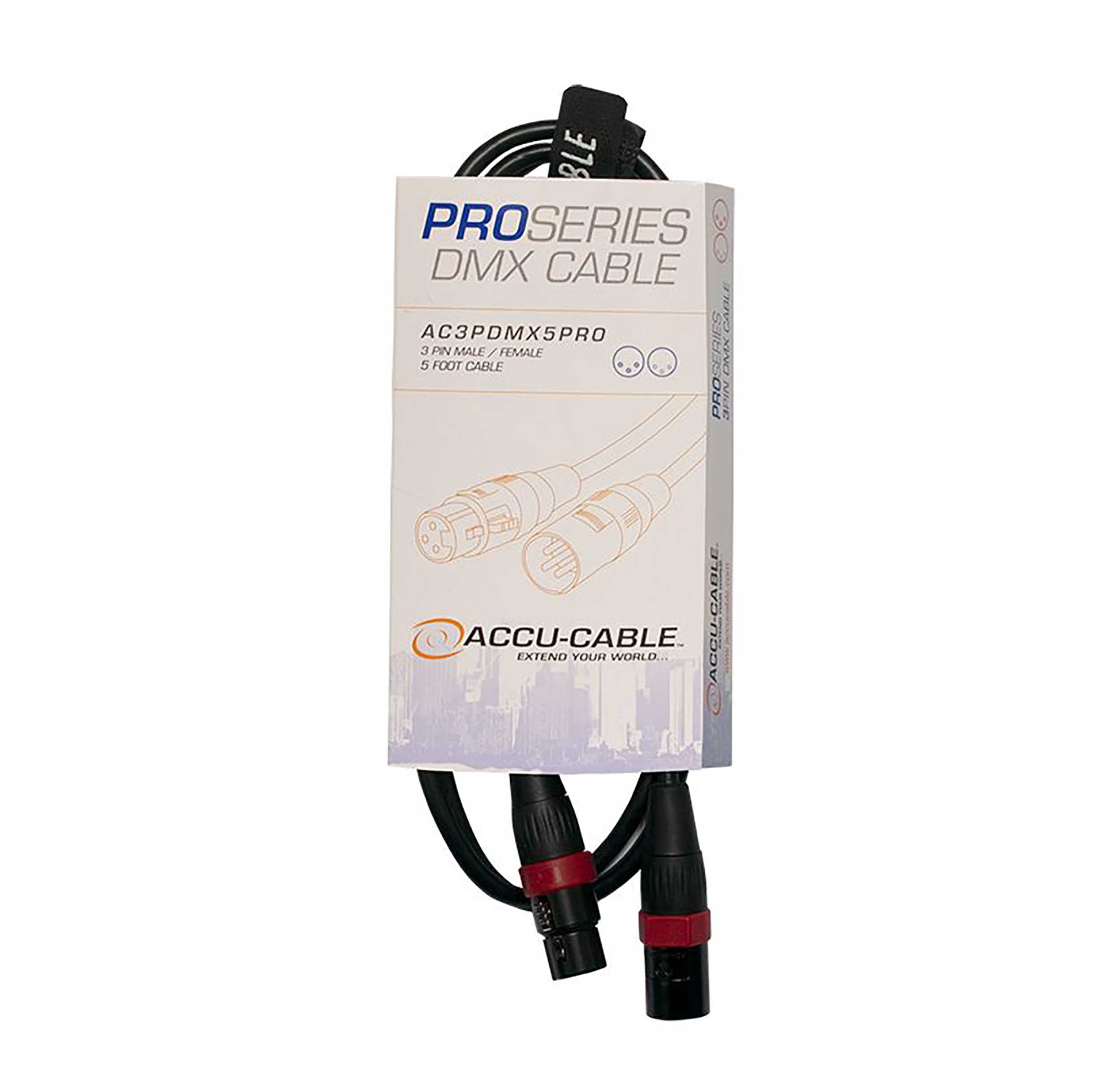 Accu-Cable AC3PDMX5PRO, Pro Series 3-Pin Male to 3-Pin Female Connection DMX Cable - 5 Ft by Accu Cable