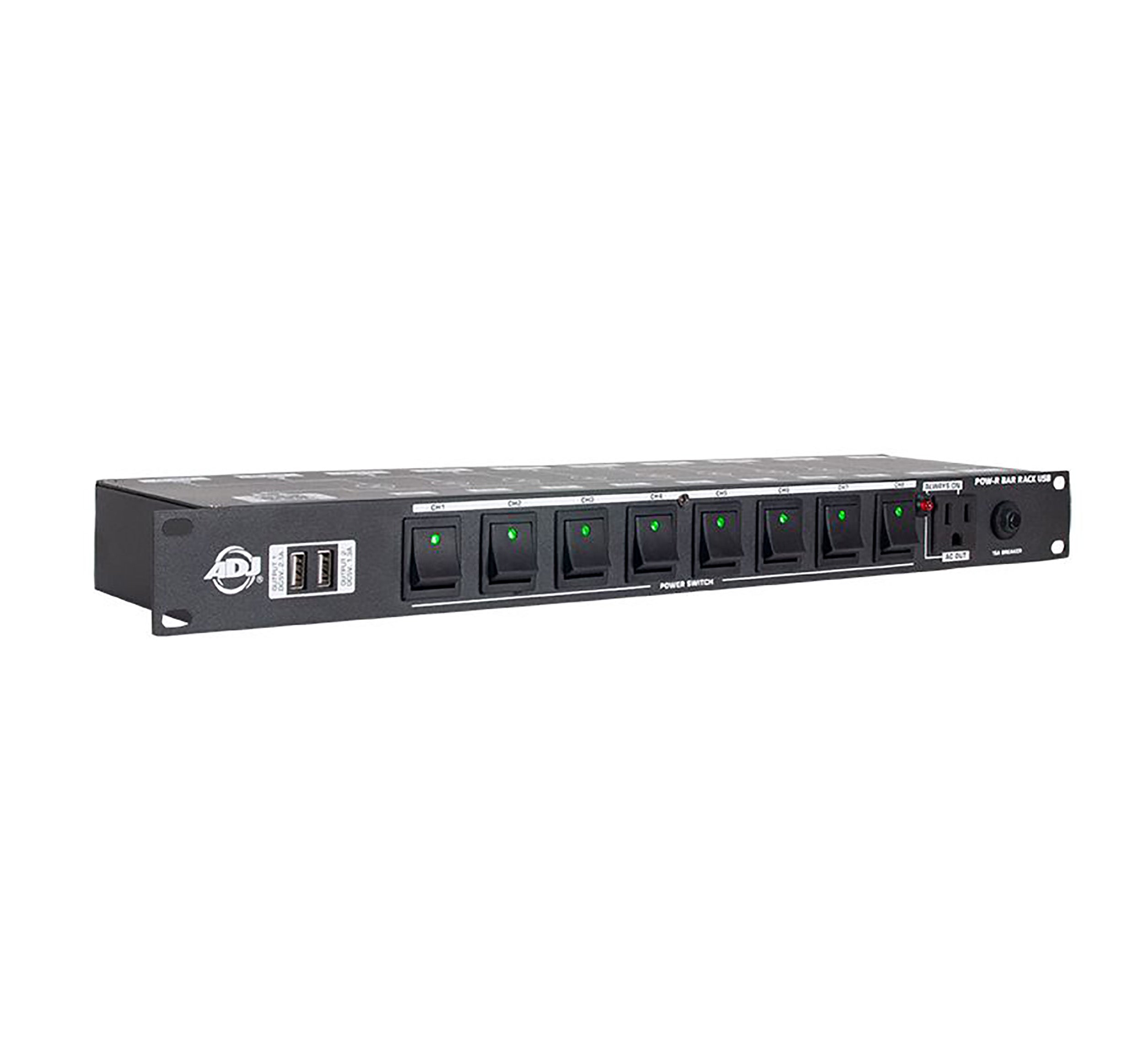 ADJ POW-R BAR RACK USB, AC Power Center with 10, 3-Prong Edison Power Outlets and 2 USB Charging Ports. by ADJ