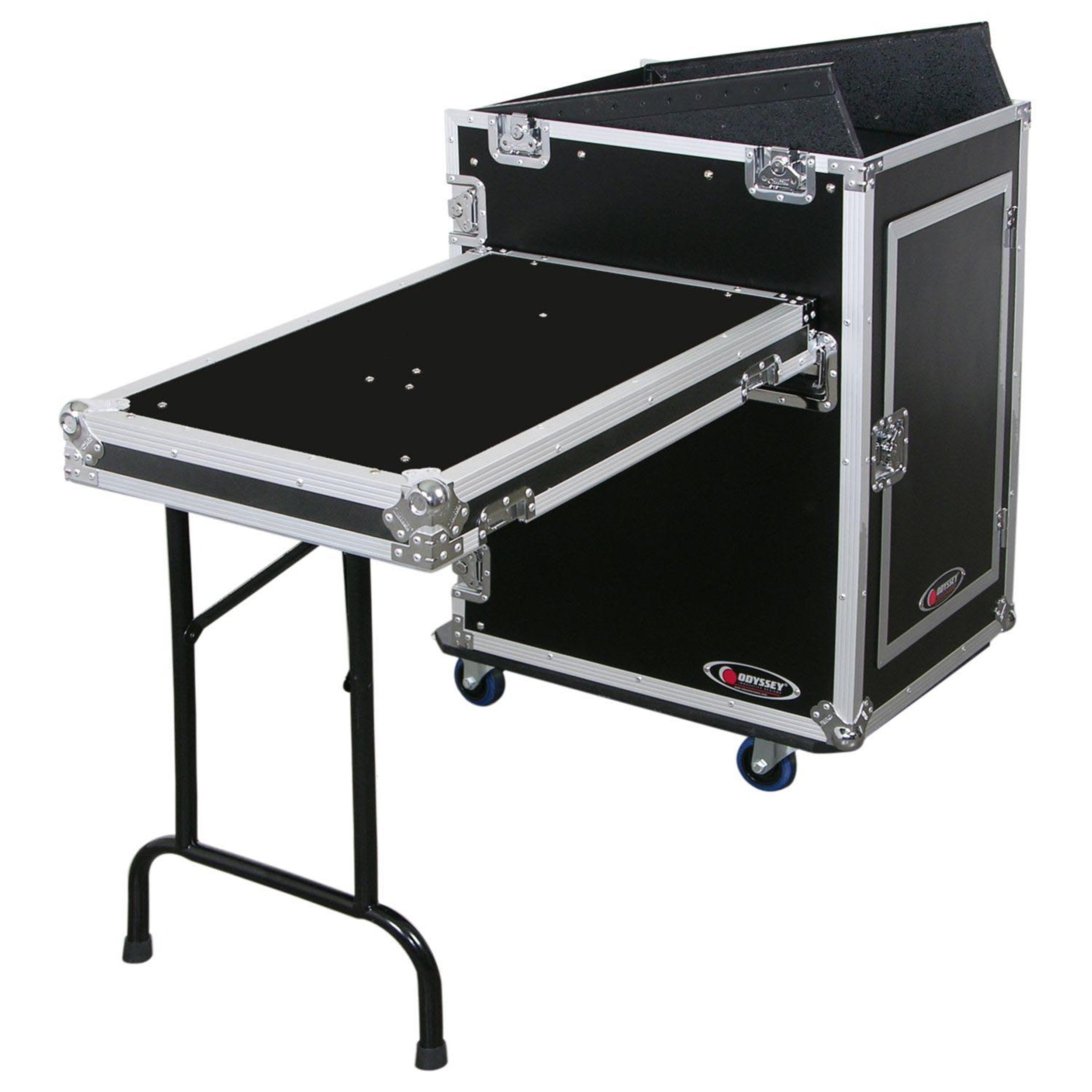 Odyssey FZ1316WDLX Deluxe 13U Top Slanted 16U Bottom Vertical Pro Combo Rack with Side Table and Casters