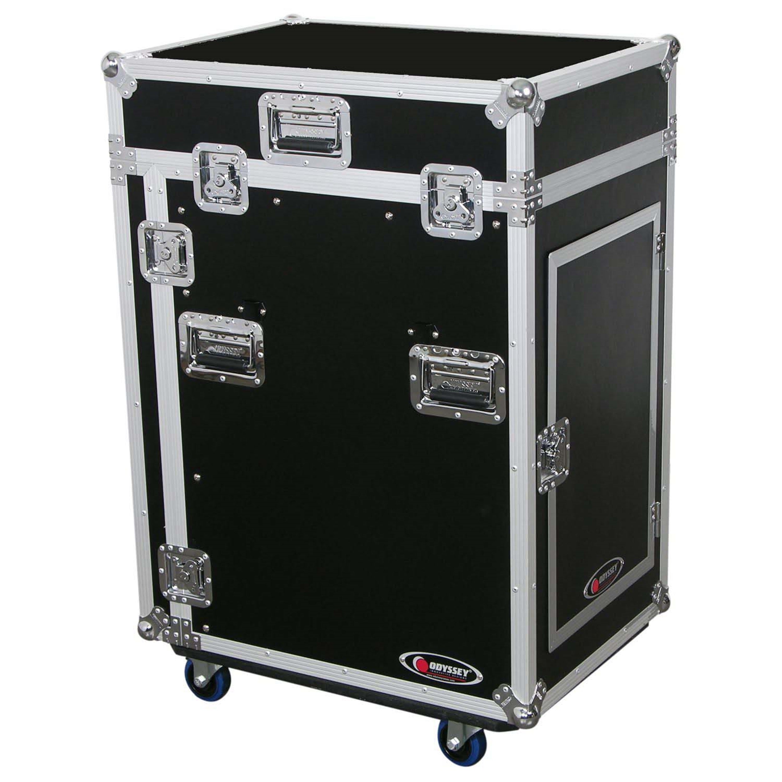 Odyssey FZ1316WDLX Deluxe 13U Top Slanted 16U Bottom Vertical Pro Combo Rack with Side Table and Casters