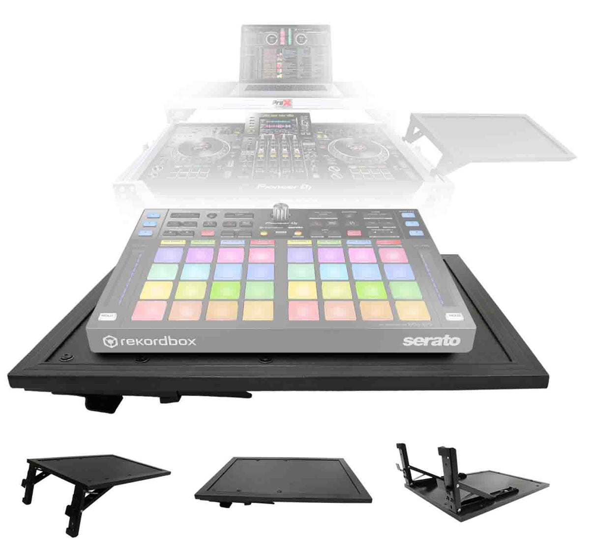 ProX XS-LTSC black laptop side shelf with its folding brackets, shown in an exploded view above a Pioneer DJ controller and Rekordbox-branded pad controller.