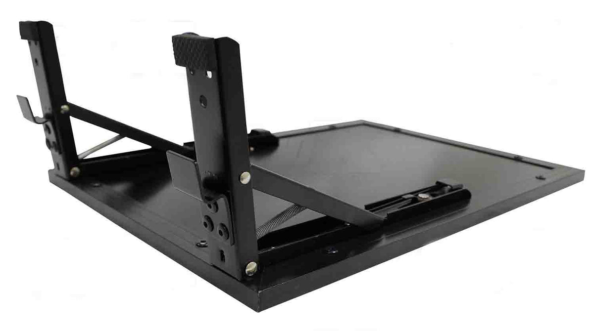 ProX XS-LTSC black metal laptop side shelf with adjustable tilting arms and a flat tray, for mounting beside a DJ controller case.