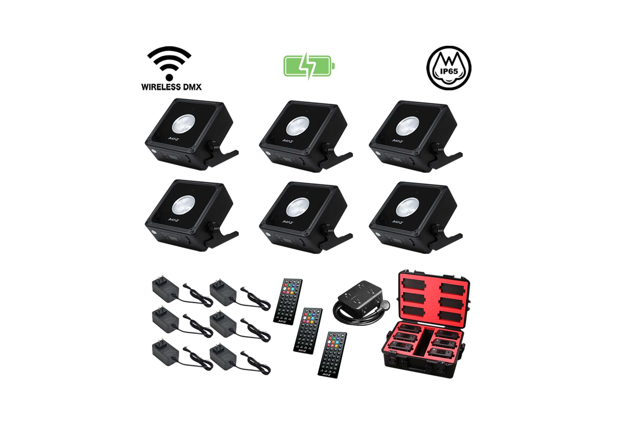 JMAZ MAD PAR BULLS IP 6PK, 20-Watt RGBAL+C LED Battery Powered Outdoor Uplight Kit by JMAZ