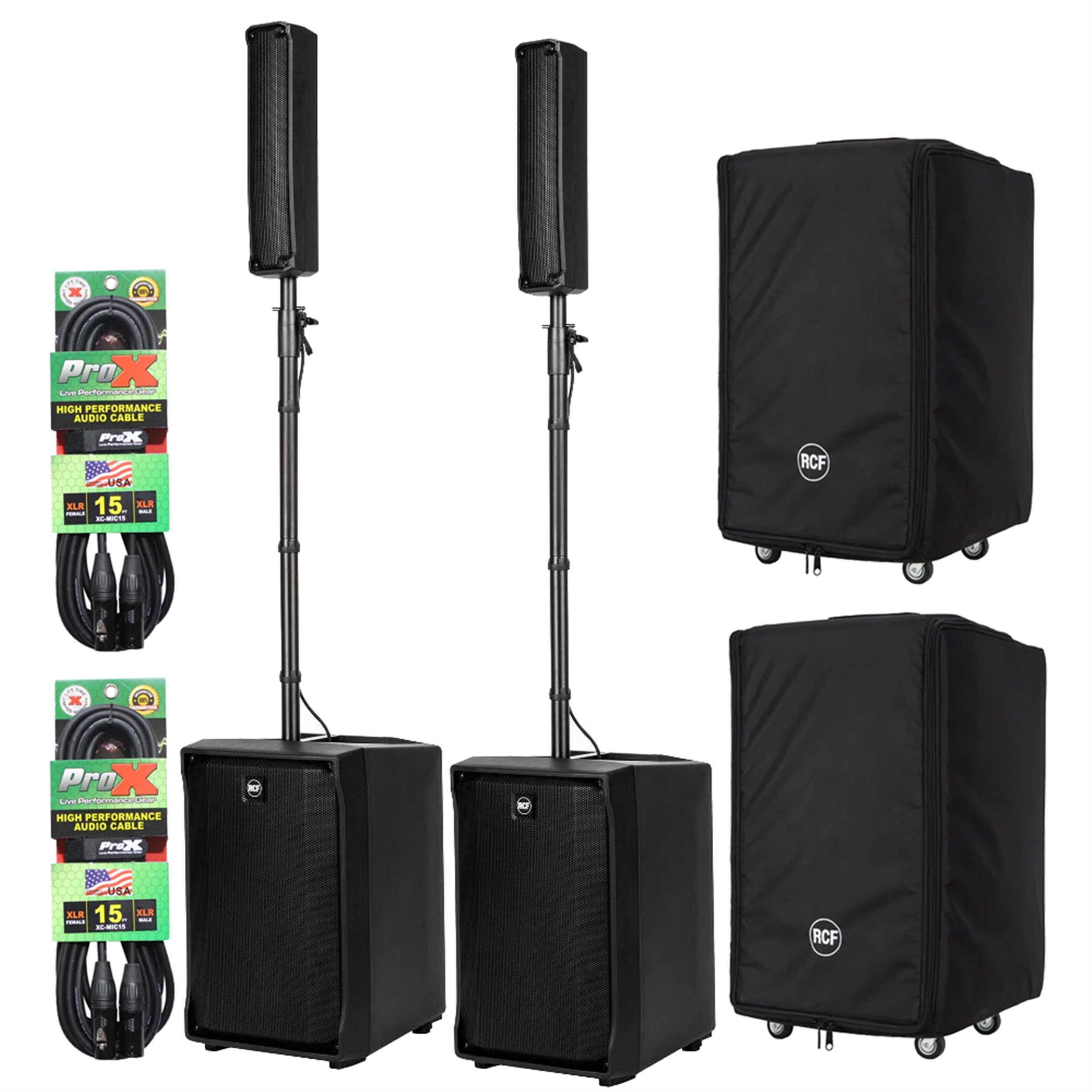 RCF EVOX-J8 Portable PA System Speaker Package with Protective Cover and Microphone Cable by RCF