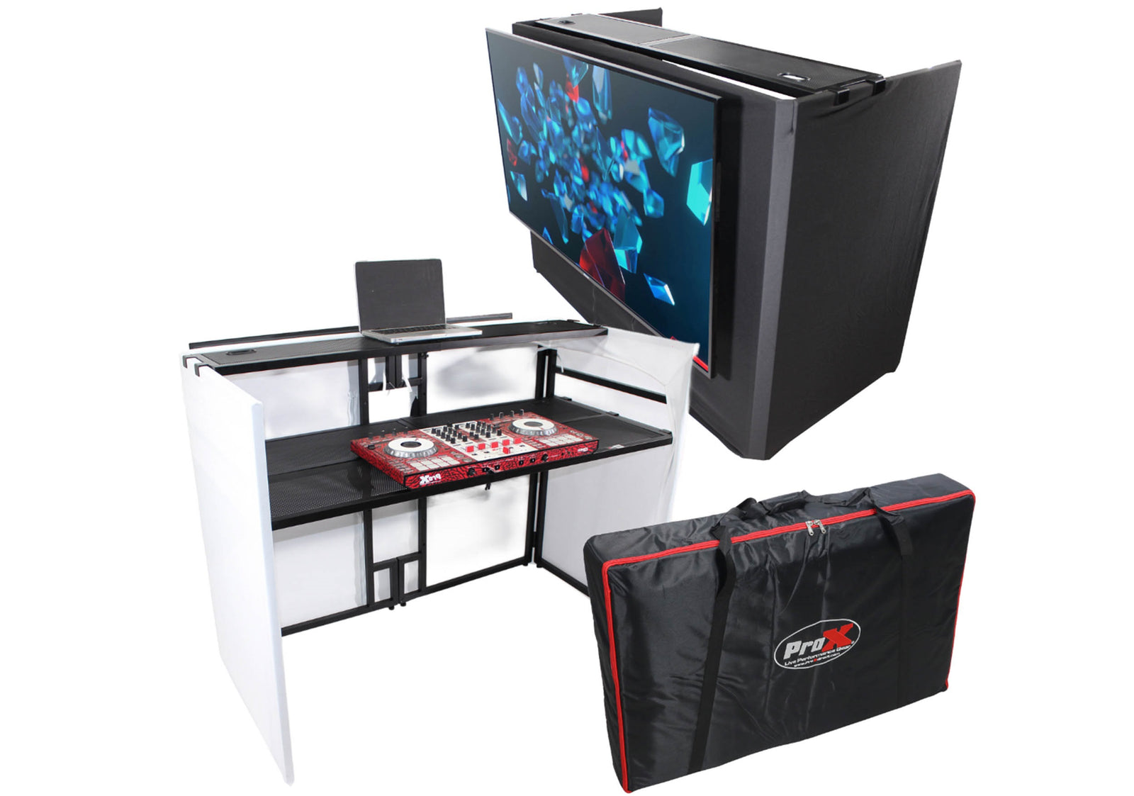 ProX XF-MESAMEDIA MK2, DJ Facade Table Workstation Includes TV Bracket Mount White and Black Scrims and Carry Bag by ProX Cases
