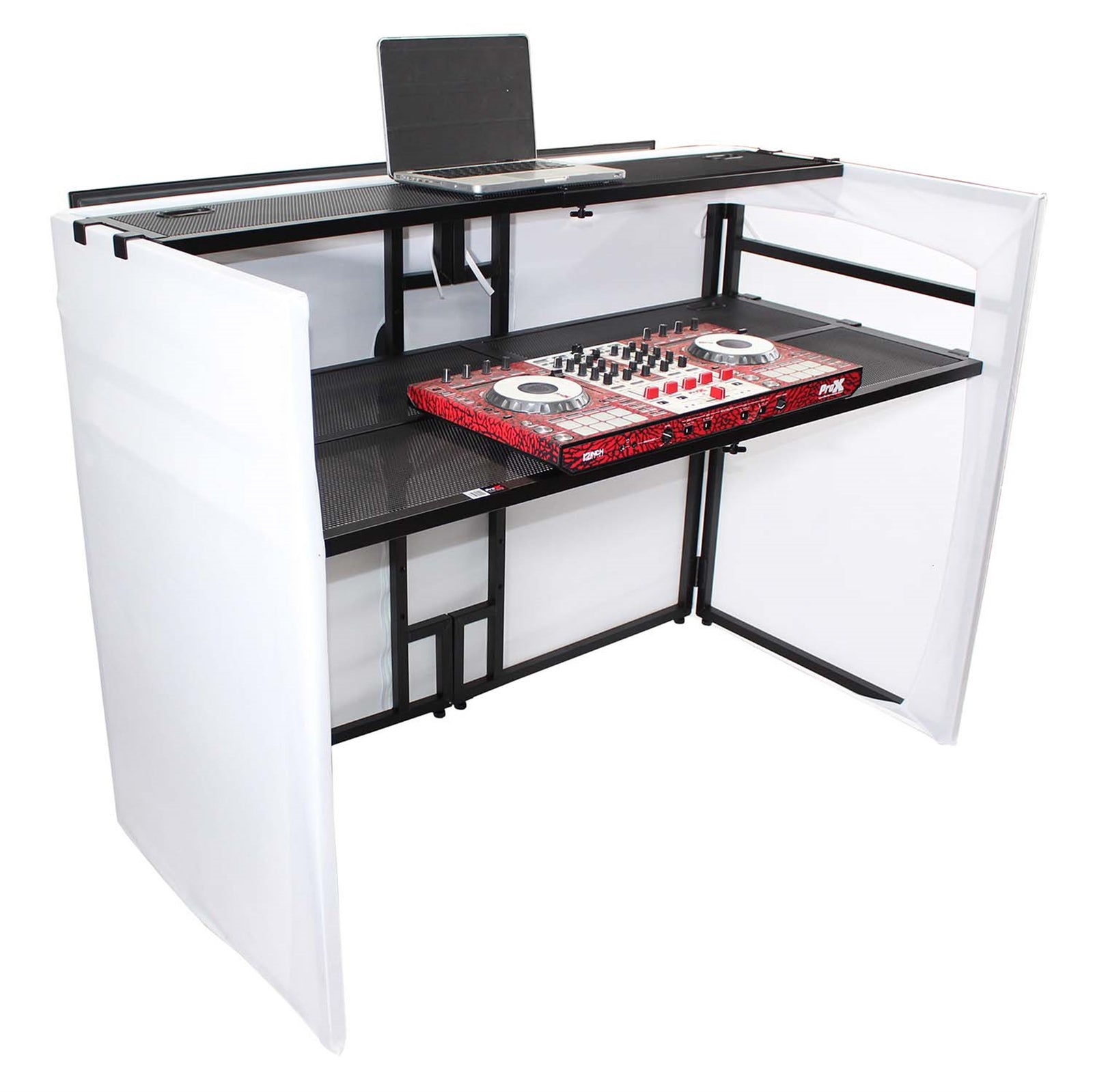 ProX XF-MESAMEDIA MK2, DJ Facade Table Workstation Includes TV Bracket Mount White and Black Scrims and Carry Bag by ProX Cases