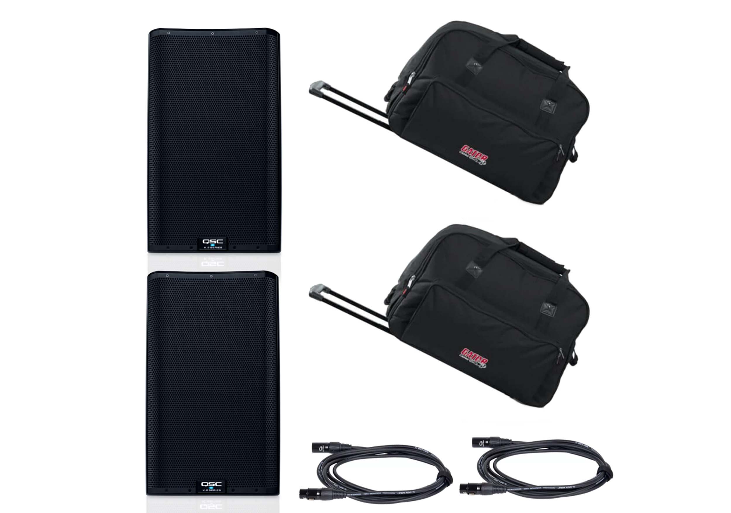 QSC K12.2 PA Speaker Package with Gator Rolling Speaker Bags and Cables by QSC