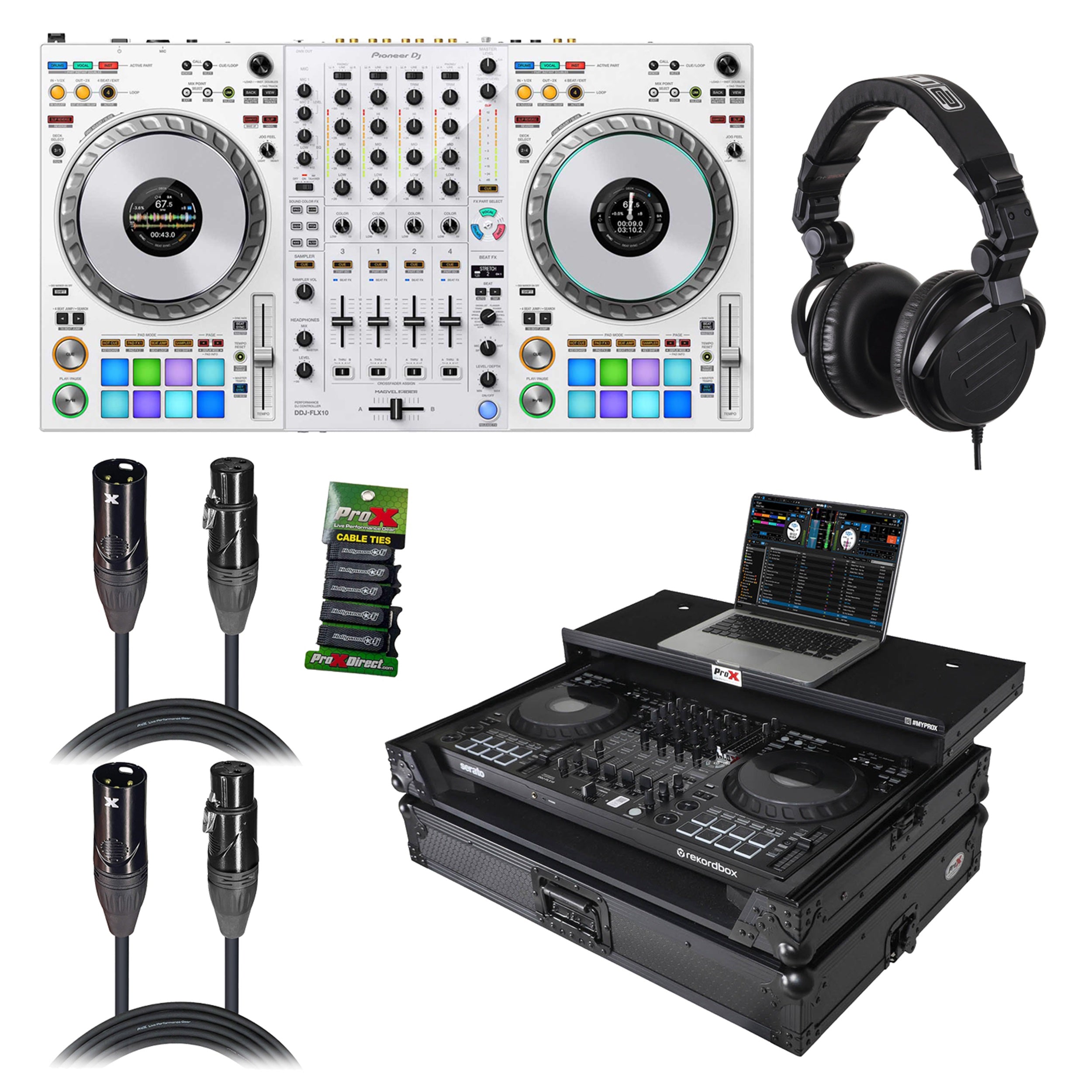 Pioneer DDJ-FLX10-W DJ Controller Package with Headphones, Road Case, Cables and Cable Ties by Pioneer DJ