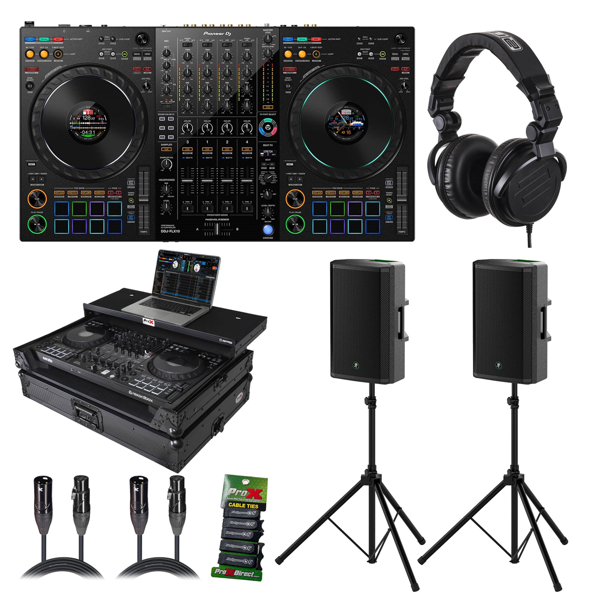 Pioneer DDJ-FLX10-W DJ Controller Package with Loudspeaker, Speaker Stands, Road Case, Headphones, Cables and Cable Ties by Pioneer DJ