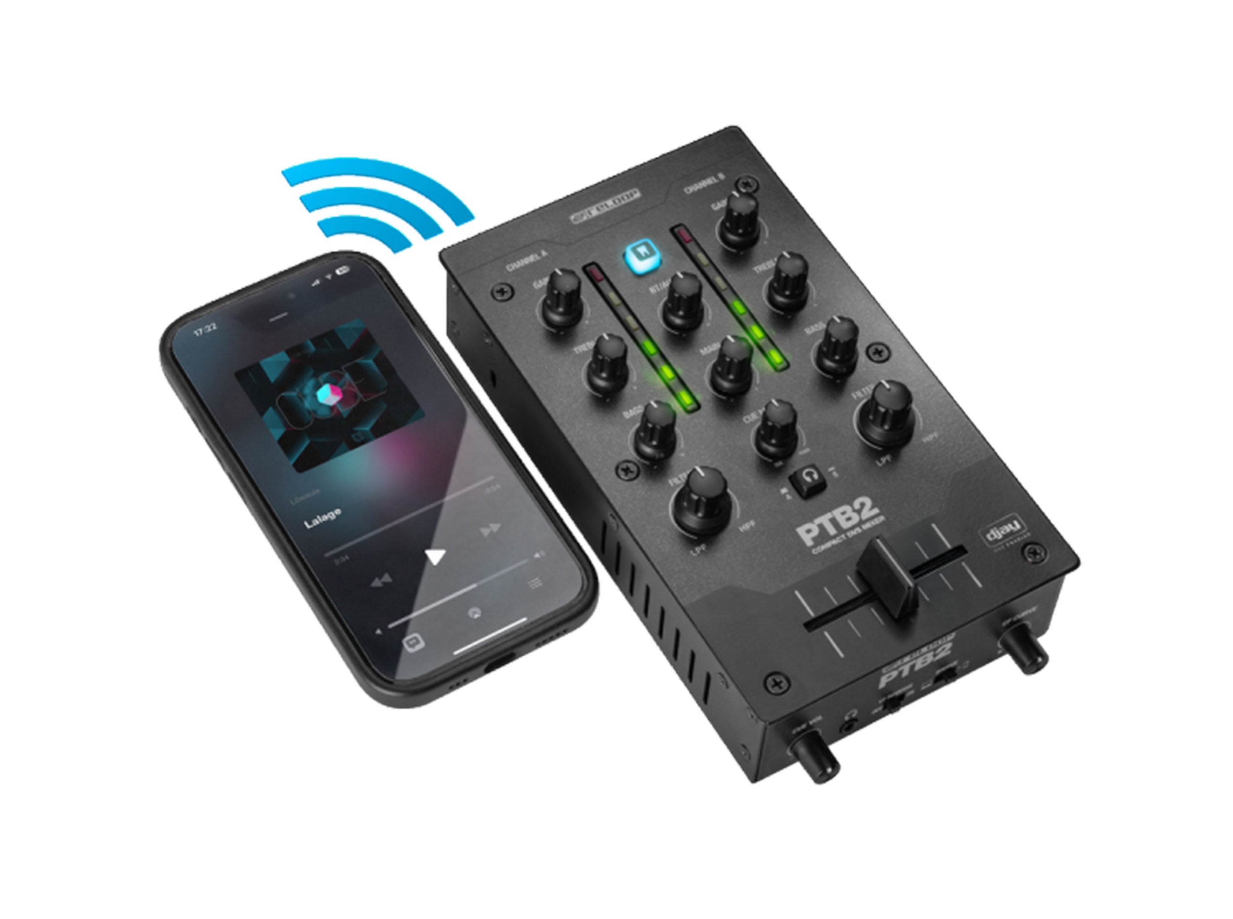 Reloop PTB-2 Portable and Compact 2+1-Channel DJ Mixer with Bluetooth Interface by Reloop