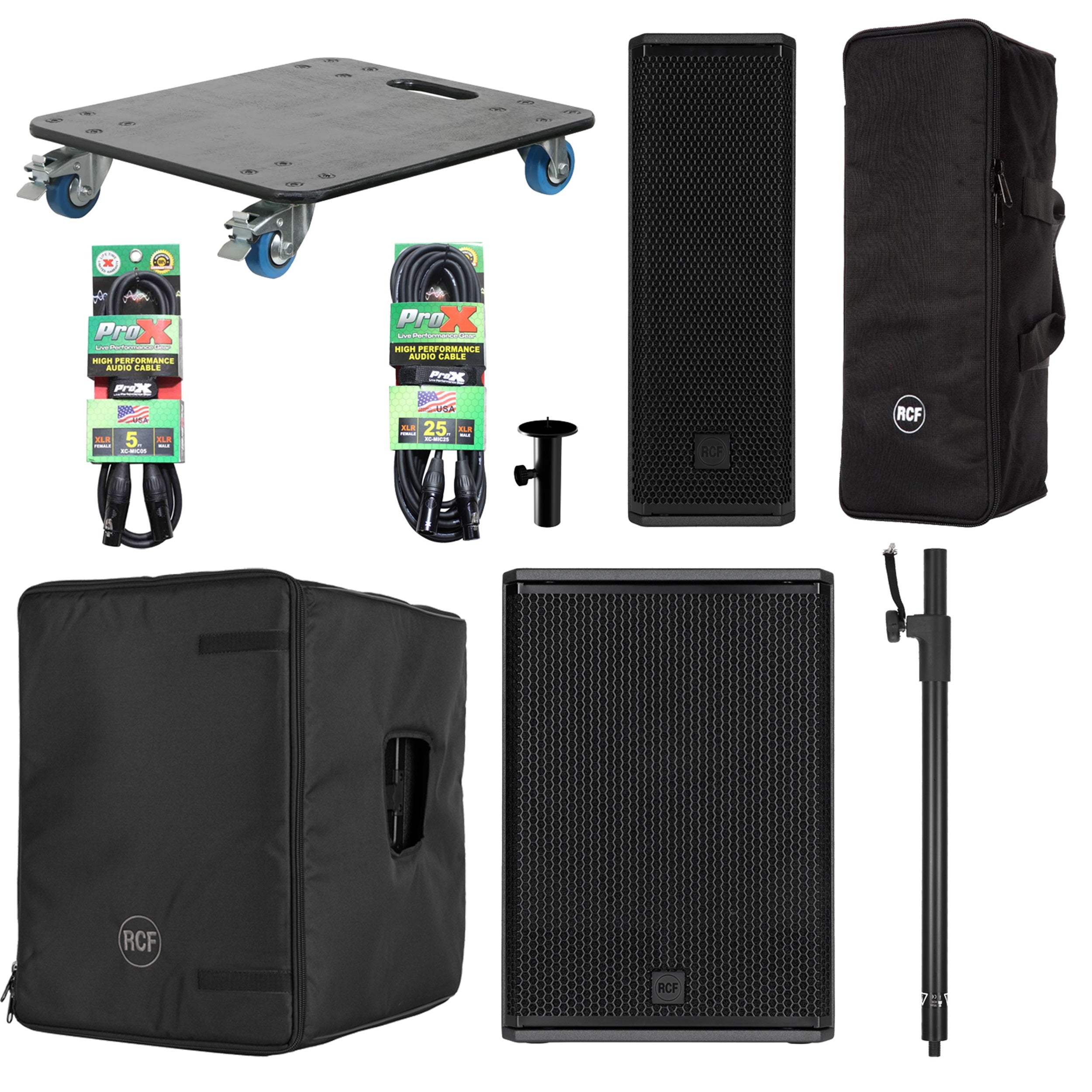 RCF NXL14-A Point Source Speaker and SUB-15AX Subwoofer Package with Pole Cables and Dolly by RCF