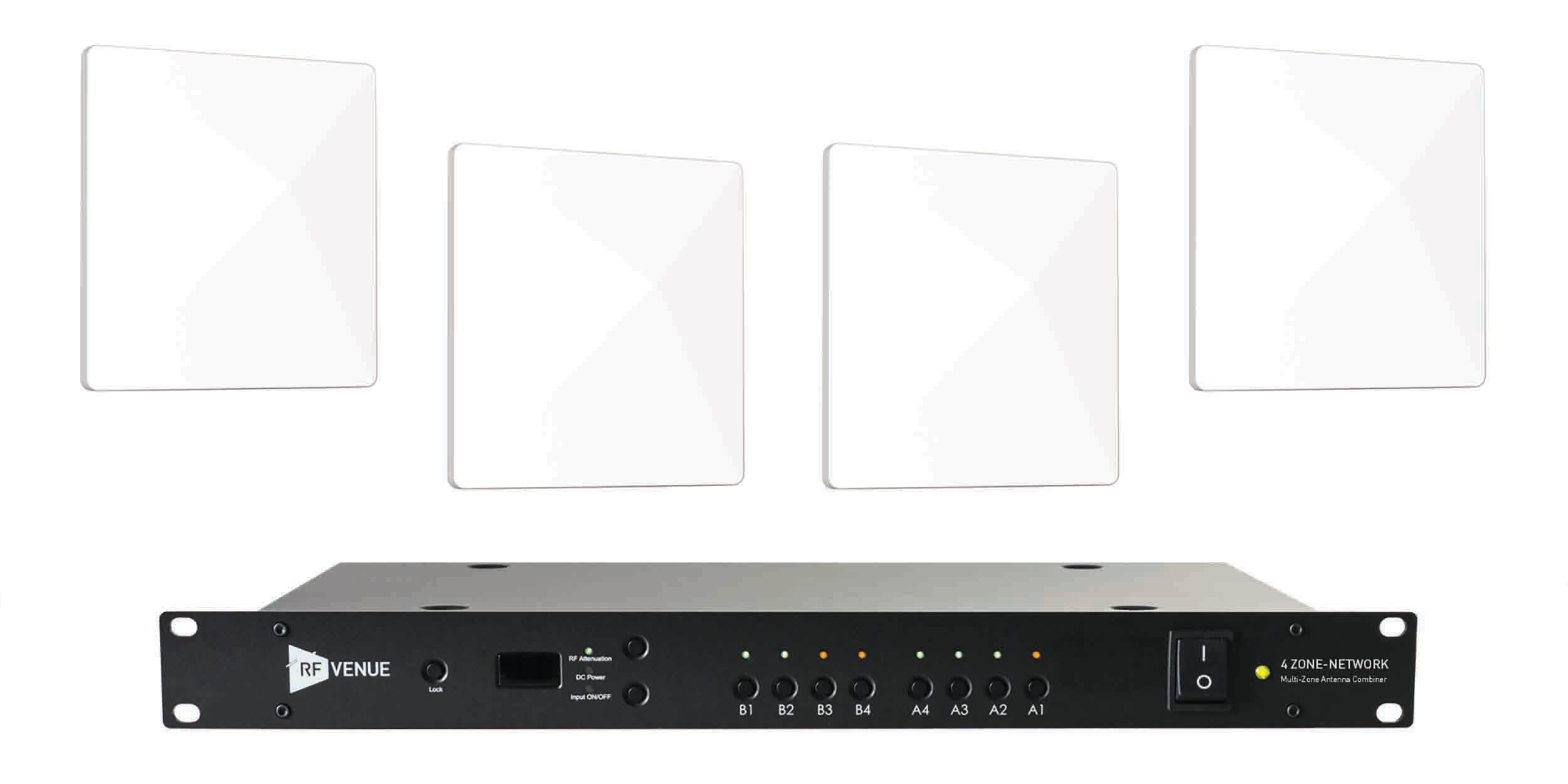 RF Venue 4ZONE-NET-DARC 4ZONE Network Antenna Combiner Bundle with 4 Diversity Architectural Antennas