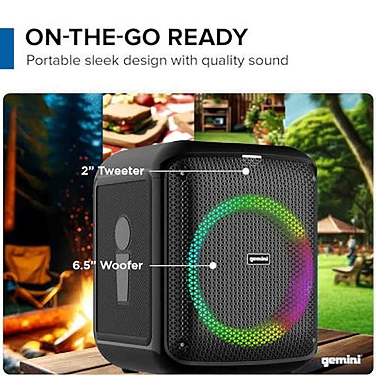 Gemini Sound GGO-650L portable Bluetooth Boombox with LED Party Lights, 6.5" Woofer, 10-Hour Battery