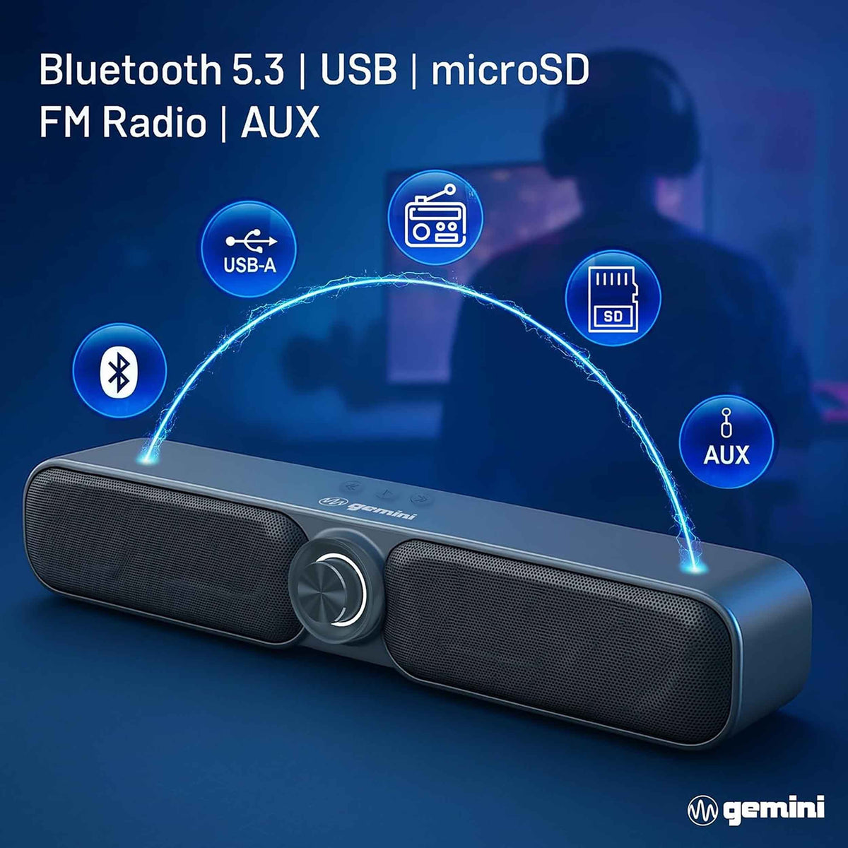 Gemini Sound GSBR-20 Portable Bluetooth Soundbar, 3.5-hr Battery