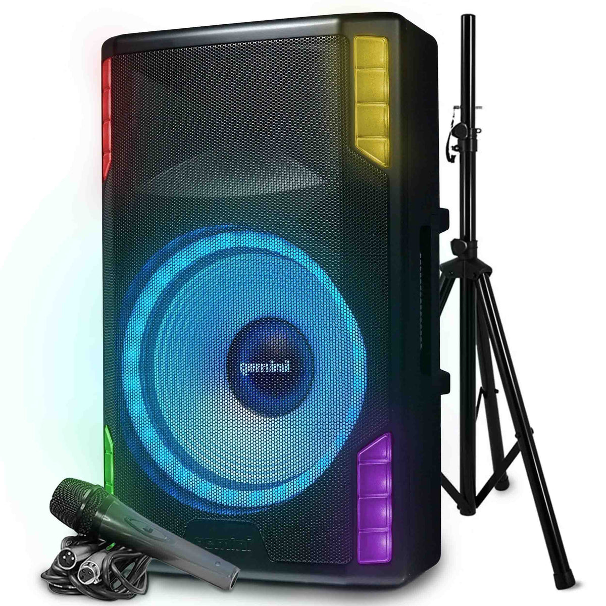 Gemini Sound GSP-L5500PK 15" Active Bluetooth PA Speaker with LED Lights, Stand, and Mic, 1800W, 126dB max SPL