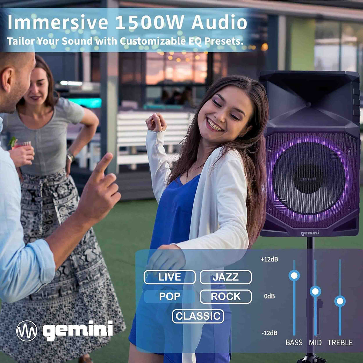 Gemini Sound GXP-T1500 Portable Bluetooth PA Speaker with LED Lights, 1400W, 15" Woofer, IPX4 Weatherproof