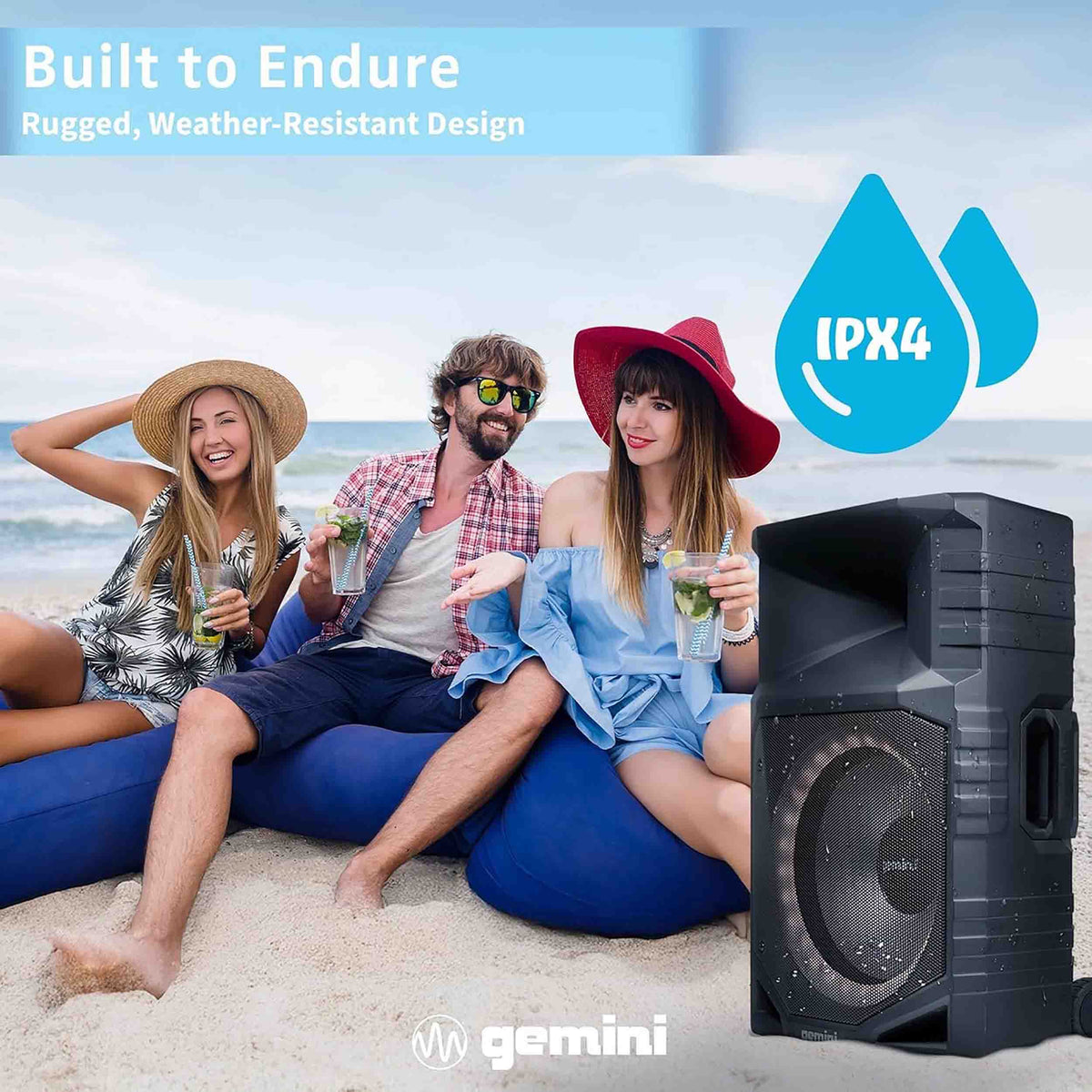 Gemini Sound GXP-T1500 Portable Bluetooth PA Speaker with LED Lights, 1400W, 15" Woofer, IPX4 Weatherproof