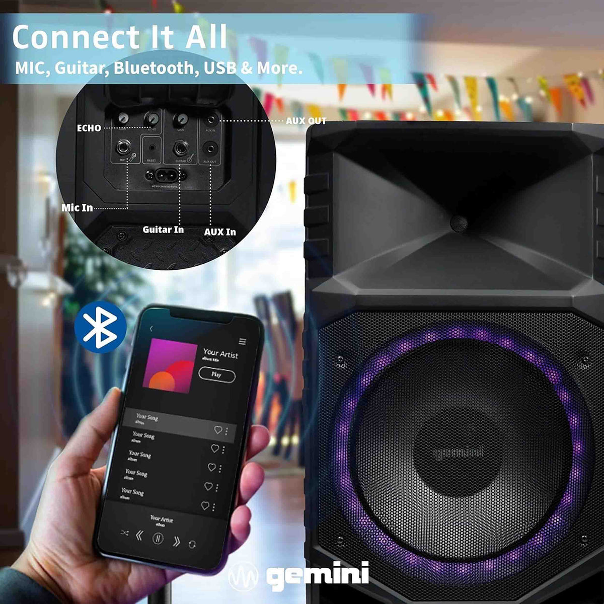 Gemini Sound GXP-T1500 Portable Bluetooth PA Speaker with LED Lights, 1400W, 15" Woofer, IPX4 Weatherproof