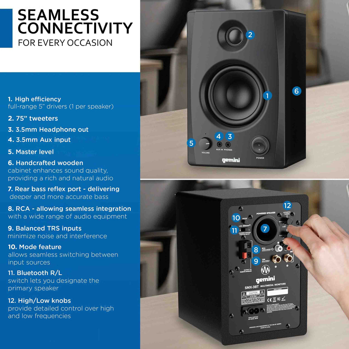 Gemini Sound SMX-3BT 3.5" Bookshelf Studio Monitors with Bluetooth, 3.5" Woofers, TRS/RCA/aux Inputs