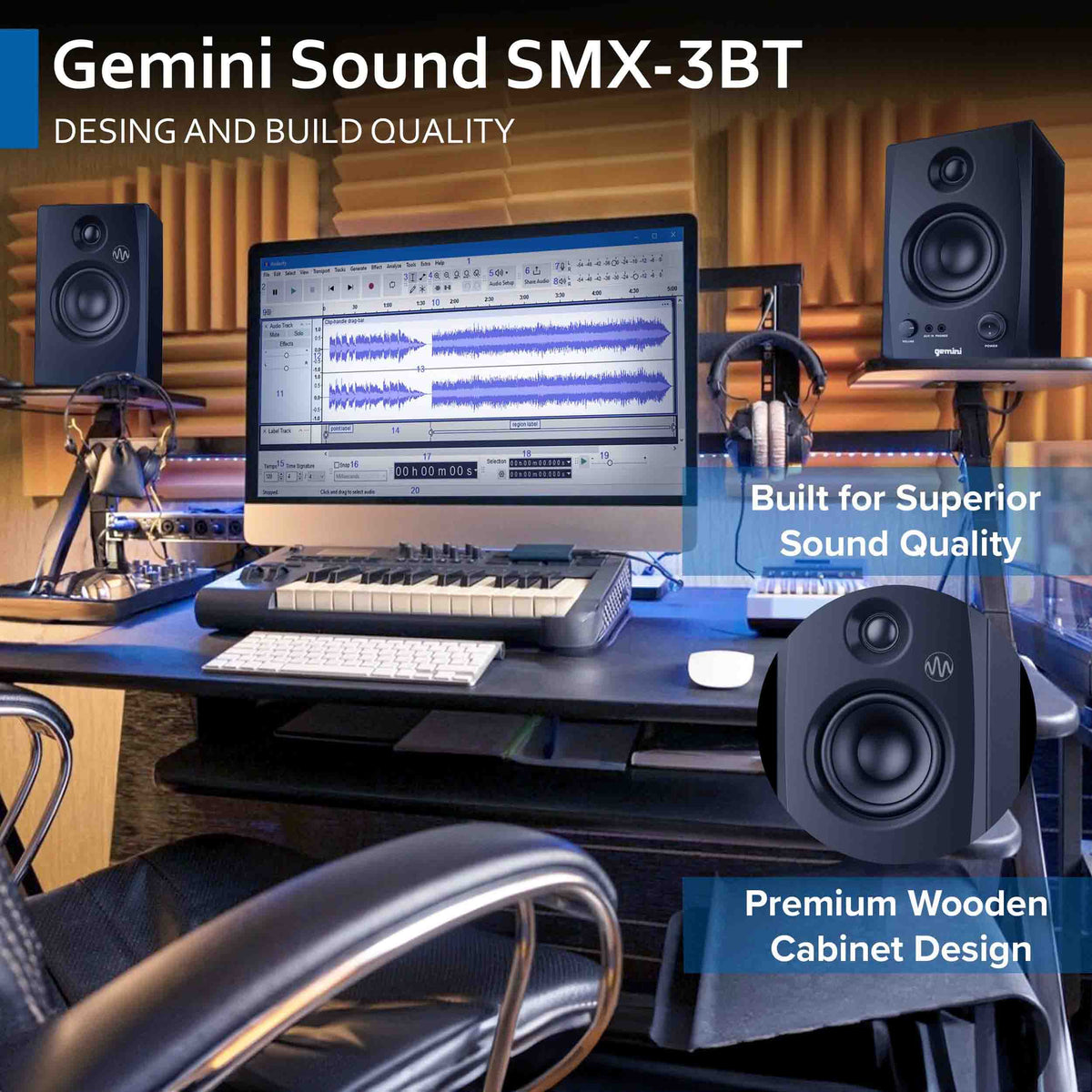 Gemini Sound SMX-3BT 3.5" Bookshelf Studio Monitors with Bluetooth, 3.5" Woofers, TRS/RCA/aux Inputs