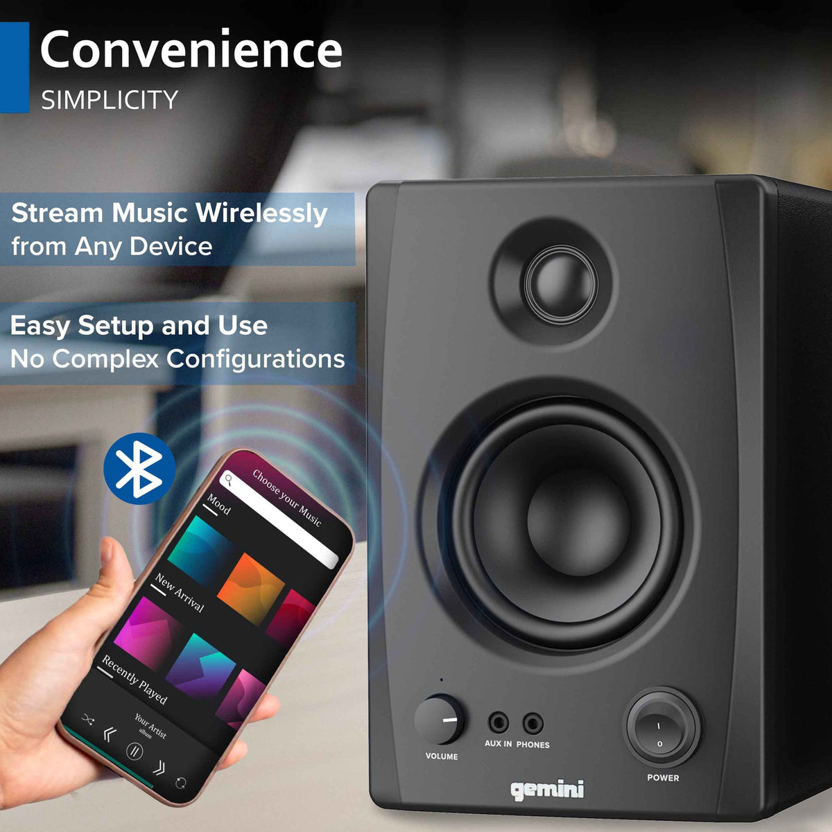 Gemini Sound SMX-3BT 3.5" Bookshelf Studio Monitors with Bluetooth, 3.5" Woofers, TRS/RCA/aux Inputs
