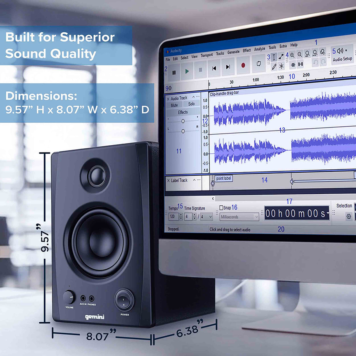 Gemini Sound SMX-3BT 3.5" Bookshelf Studio Monitors with Bluetooth, 3.5" Woofers, TRS/RCA/aux Inputs