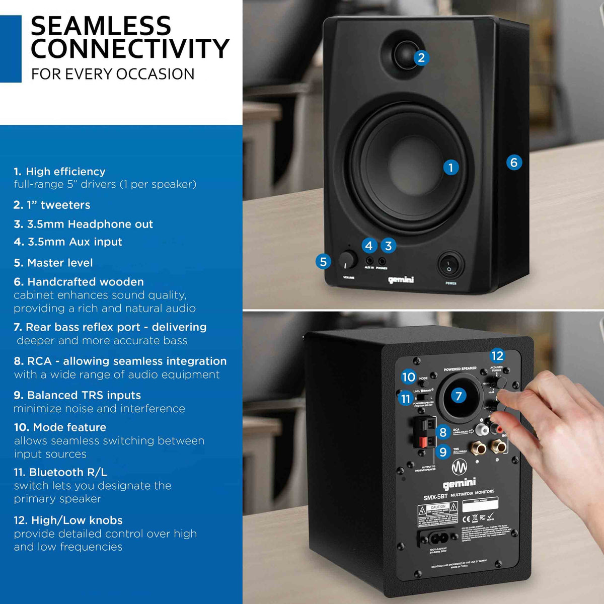 Gemini Sound SMX-5BT 5" Bookshelf Studio Monitors with Bluetooth, 5" Woofers