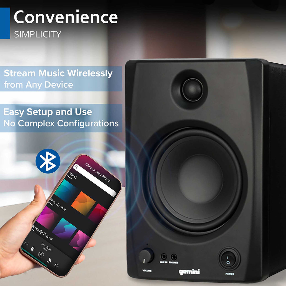 Gemini Sound SMX-5BT 5" Bookshelf Studio Monitors with Bluetooth, 5" Woofers