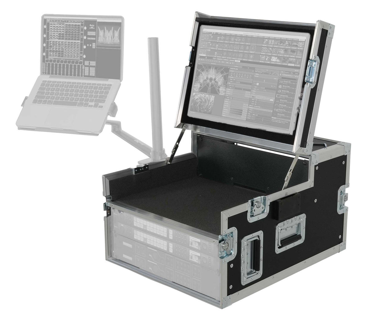 ProX XSM-AVFCREGIE4 Broadcast Regie Production Video Controller Flight Case 4U Rack Bay with Monitor Mount