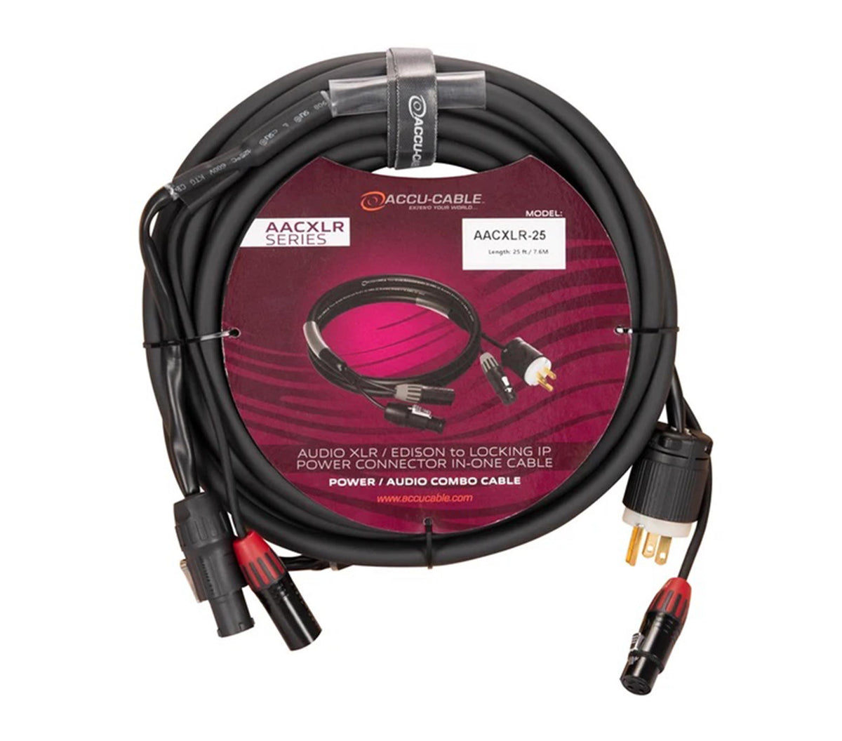 Accu-Cable AACXLR-25 Power/Audio Combo Cable with XLR Audio and Locking IP Power in One Jacket - 25 Foot