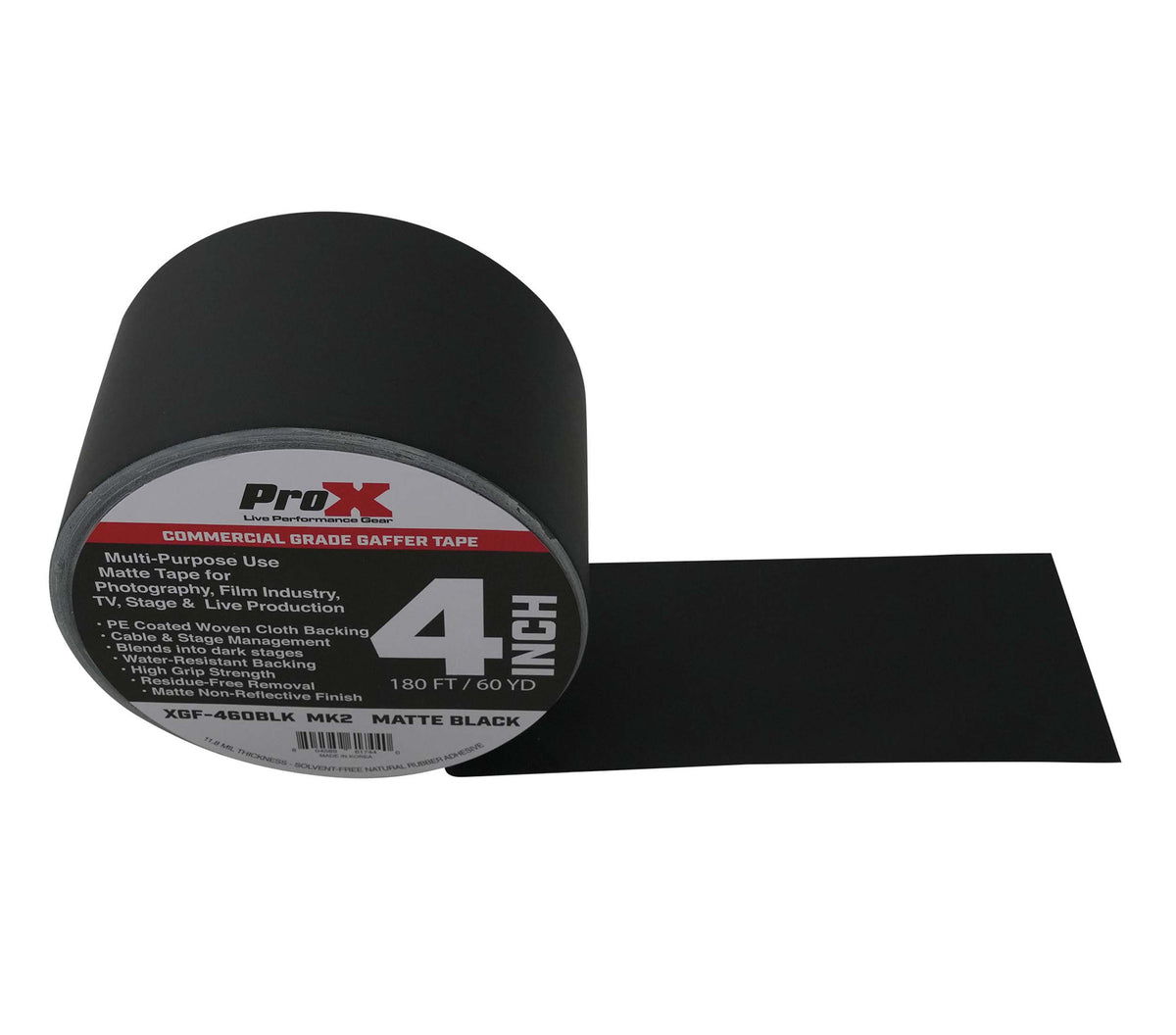 ProX XGF-460BLK MK2 Matte Black Gaffer Tape with Commercial-Grade, Non-Residue Adhesive - 180 ft