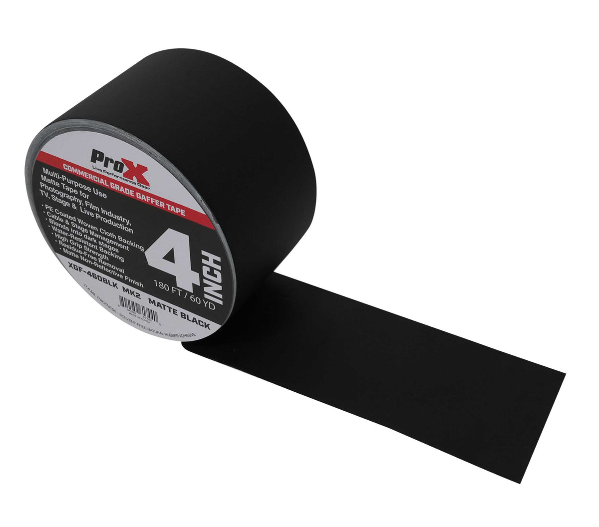 ProX XGF-460BLK MK2 Matte Black Gaffer Tape with Commercial-Grade, Non-Residue Adhesive - 180 ft