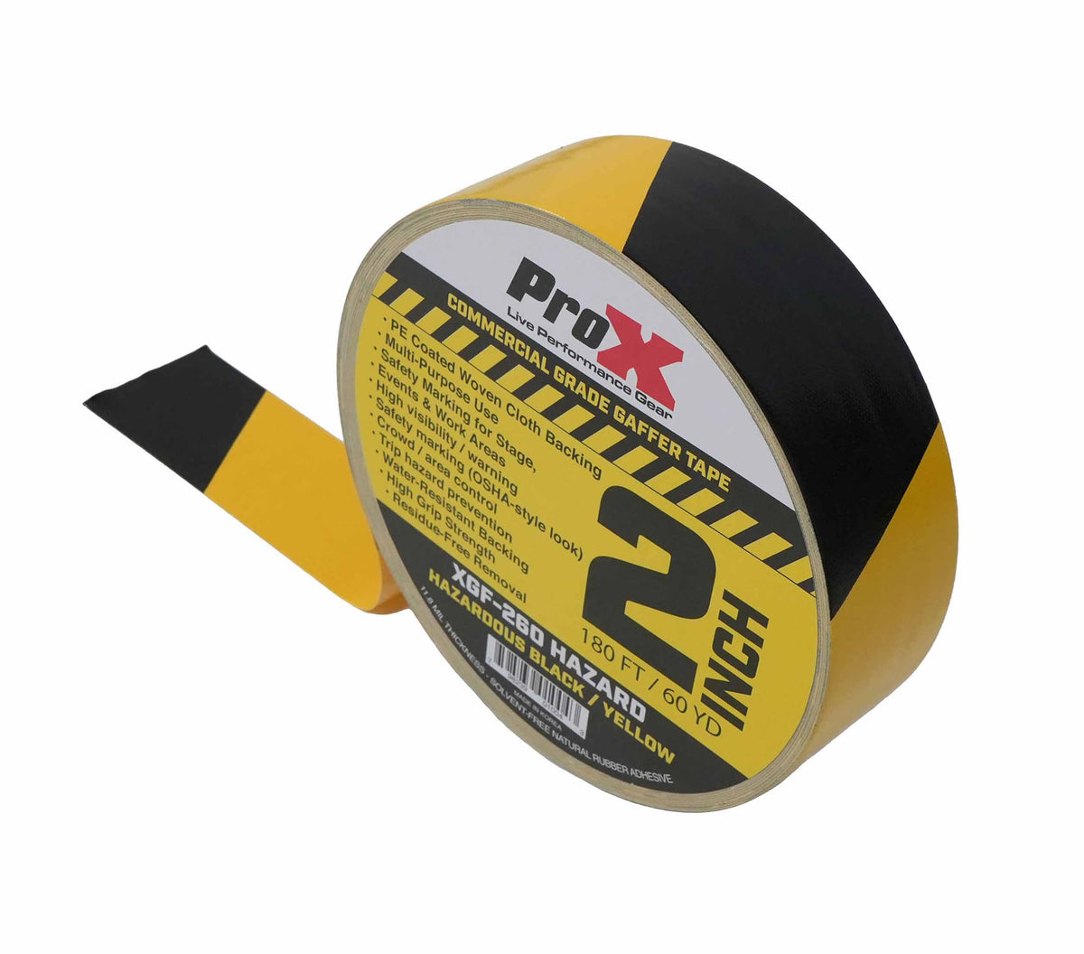 ProX XGF-260HAZARD Hazard Stripe Gaffer Tape Black and Yellow 60 Yards with Residue-Free Removal - 2-Inch