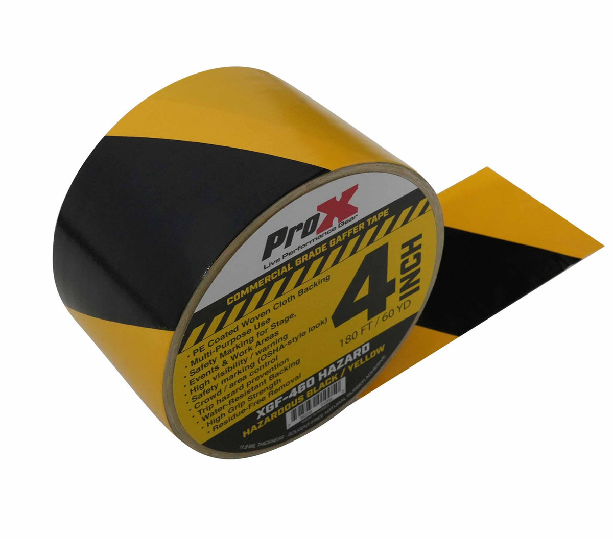 ProX XGF-460HAZARD Hazard Stripe Gaffer Tape 60 Yards Black and Yellow with Matte, Water-Resistant Backing - 4 Inch