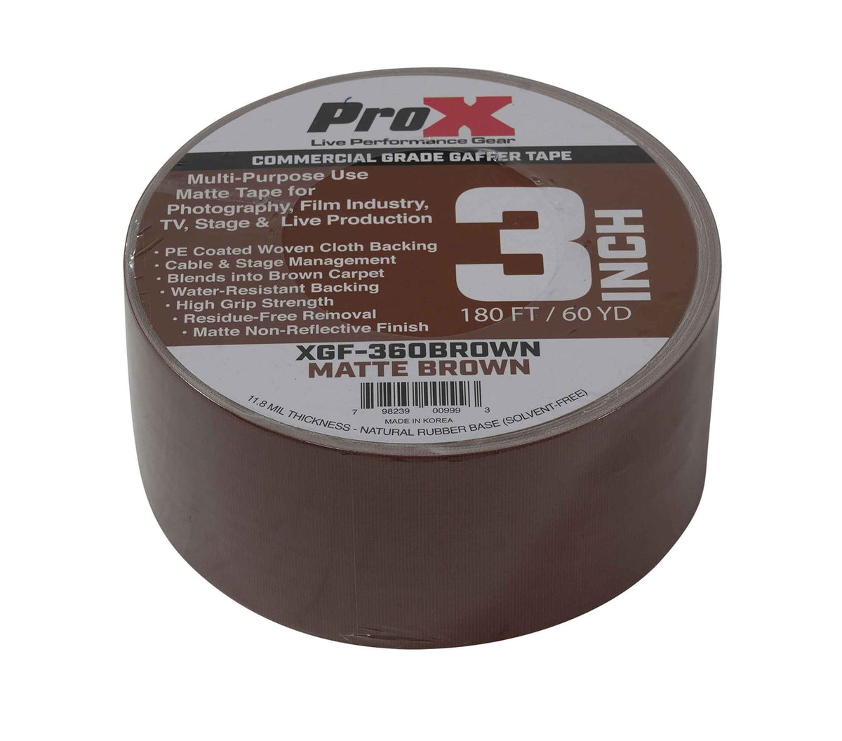 ProX XGF-360BROWN Brown Matte Gaffer Tape 60 Yards for Wood Floors, Stages and Cable Management - 3-Inch