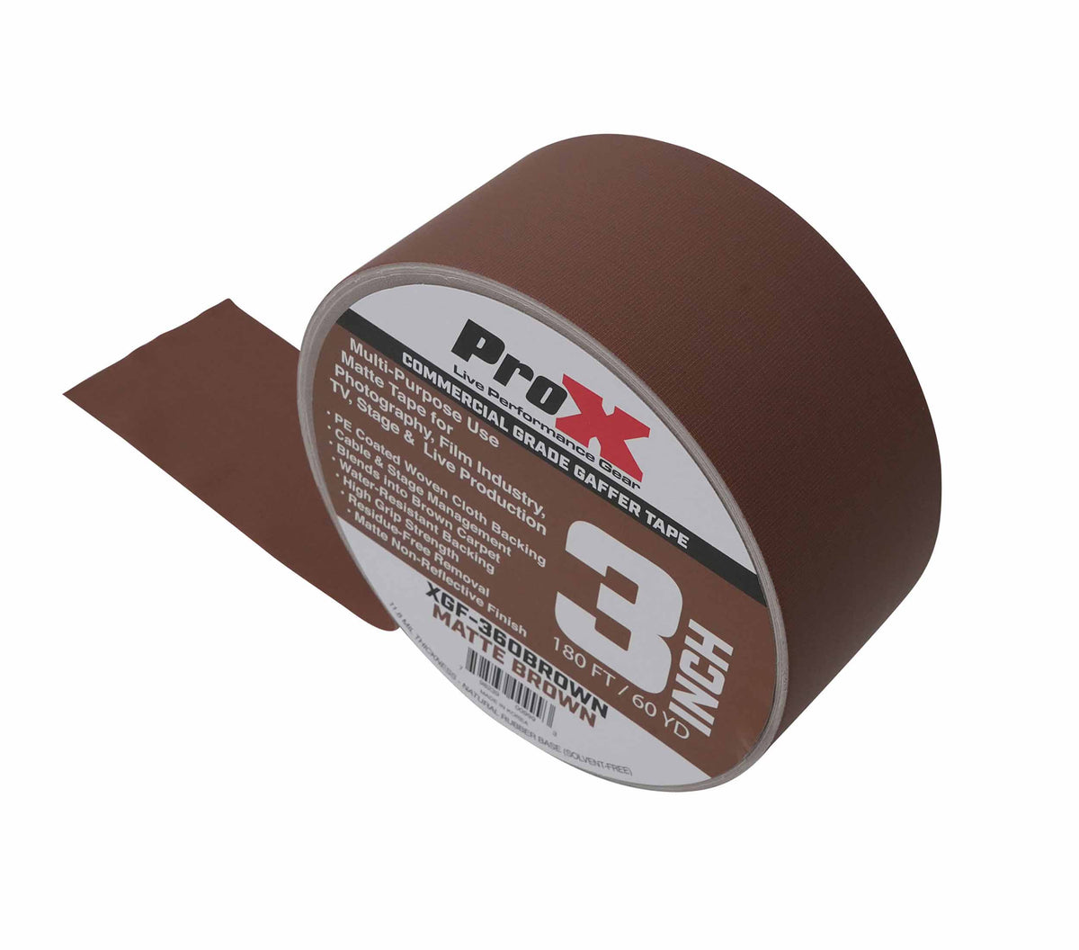 ProX XGF-360BROWN Brown Matte Gaffer Tape 60 Yards for Wood Floors, Stages and Cable Management - 3-Inch