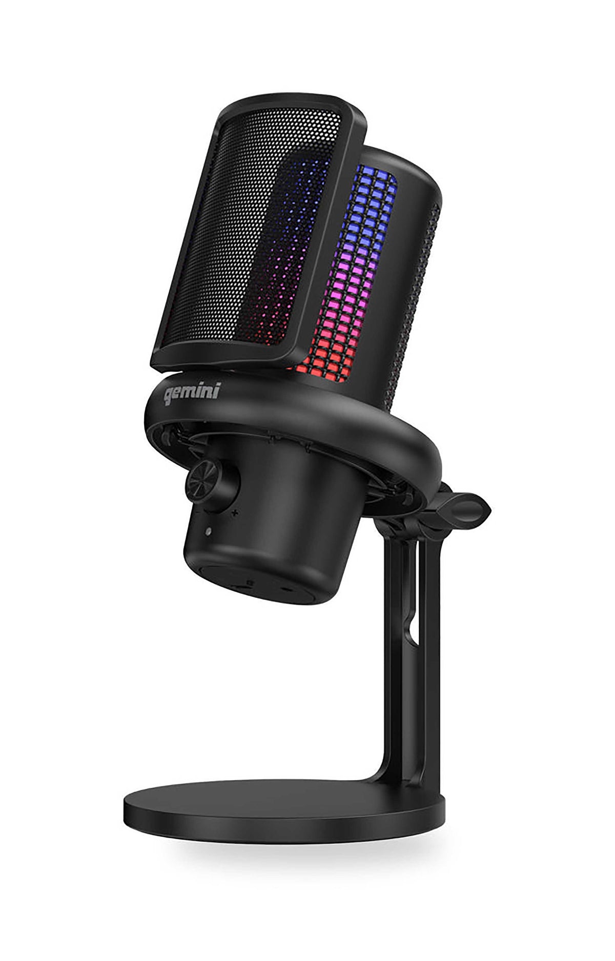 Black Gemini GSM-200 USB condenser microphone on a desk stand, with a mesh pop filter and RGB lighting glowing blue, purple and red along the body.
