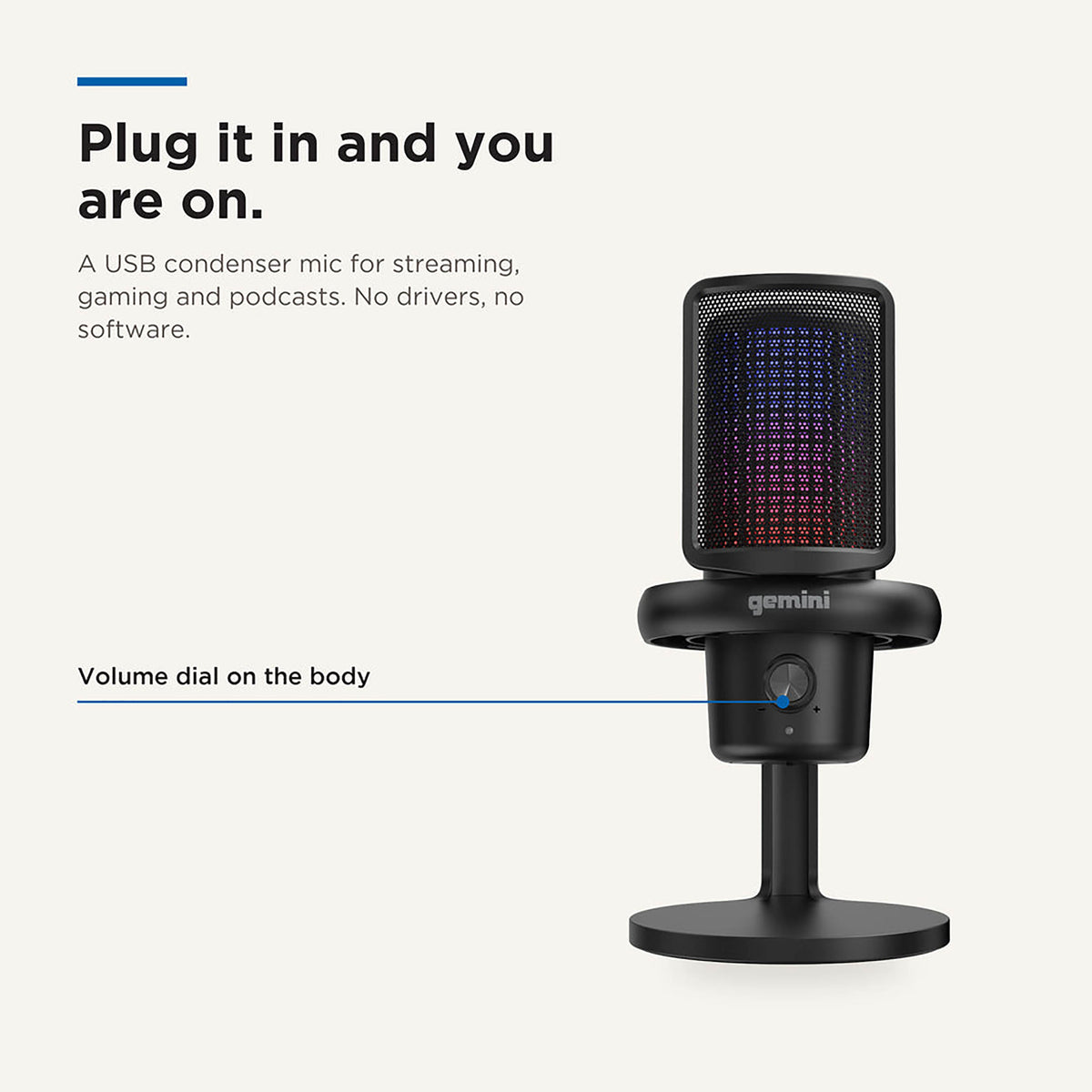 Black Gemini GSM-200 USB condenser microphone on a stand, with a grille lit by a multicolour RGB light pattern and a volume dial on the body.