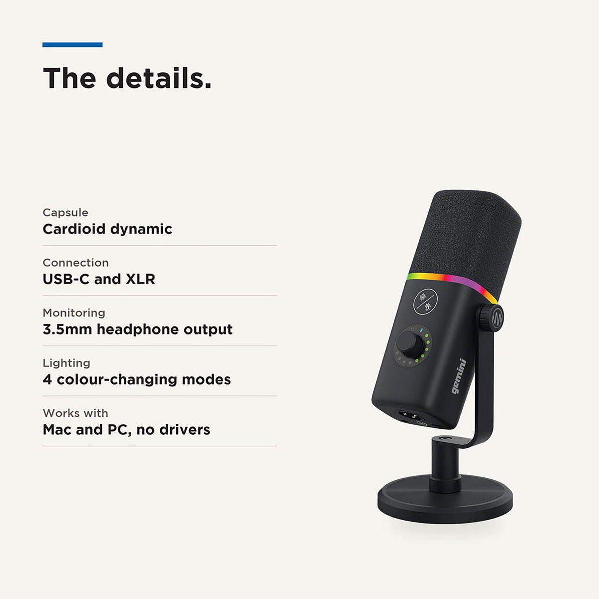 Gemini GSM-500 podcast and Vocal Dynamic Microphone with USB/XLR and Headphone Monitoring