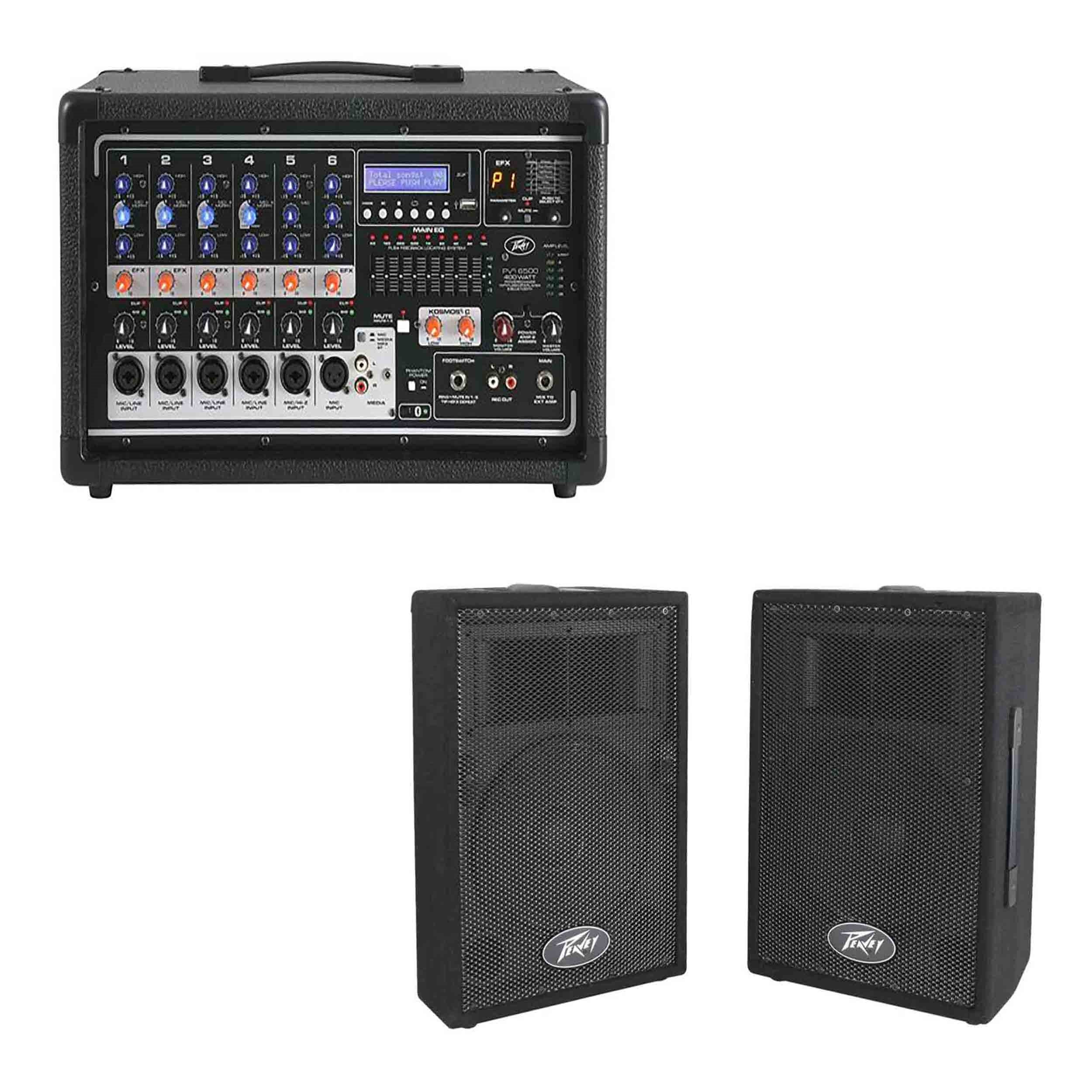 Peavey PVi DJ package with All in One Powered Mixer and pair of Passive Two-Way PA Speaker by Peavey