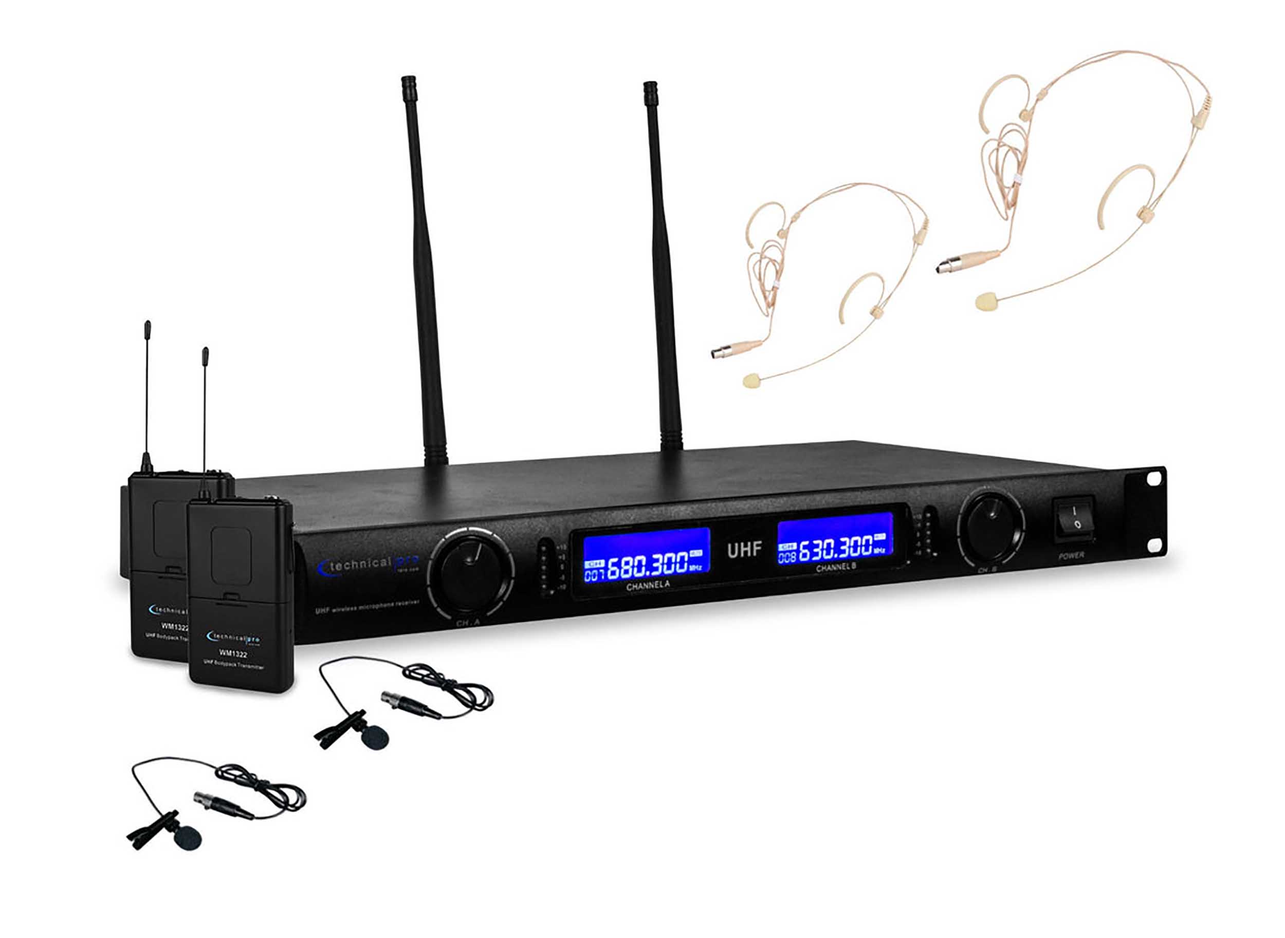 Technical Pro WM1352 Professional UHF Dual Wireless Microphone Lapel and Headset System by Technical Pro