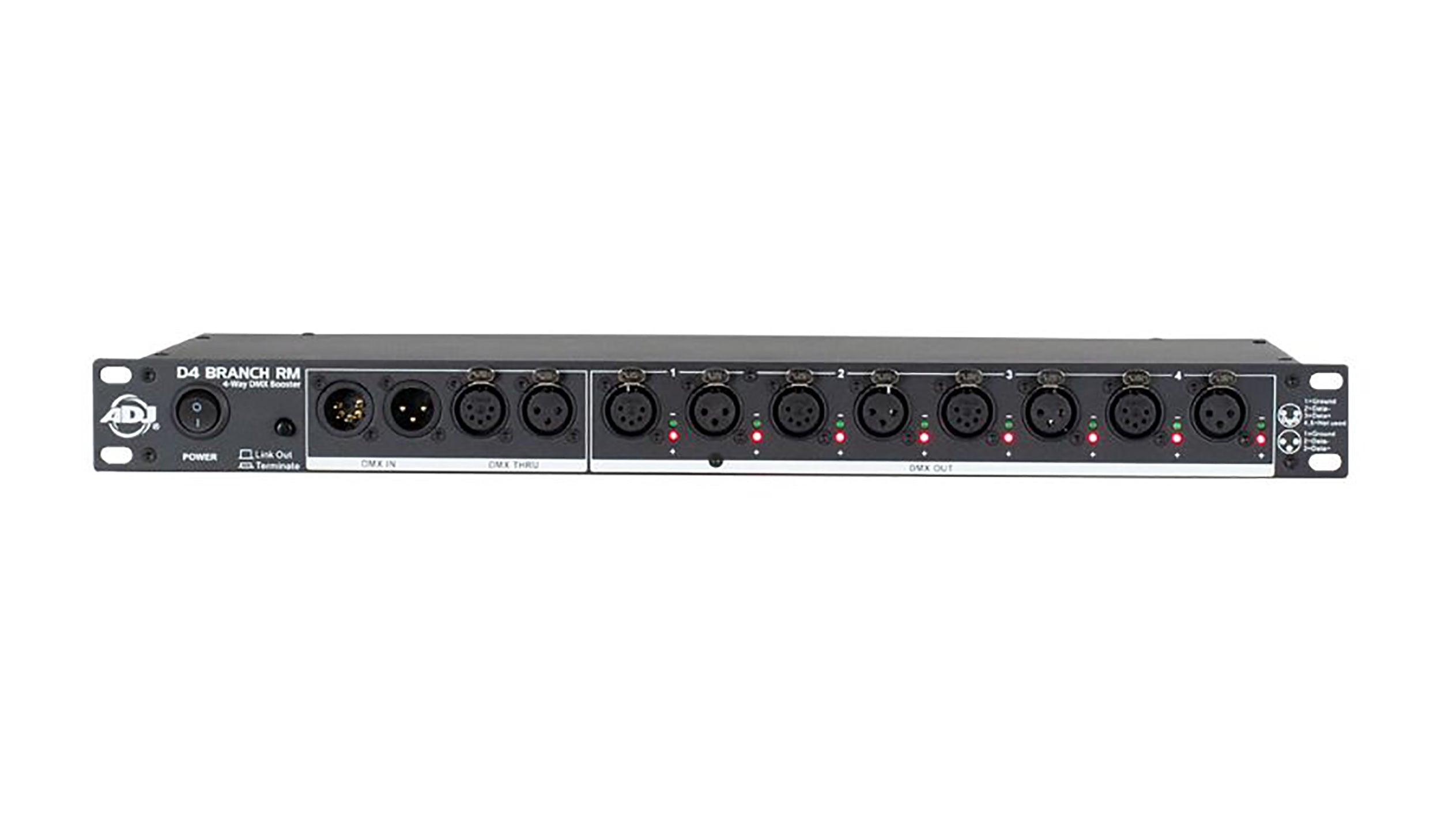 ADJ D4 Branch RM, 4-Way Distributor/Booster With 3-Pin And 5-Pin XLR Input and Output Jacks by ADJ