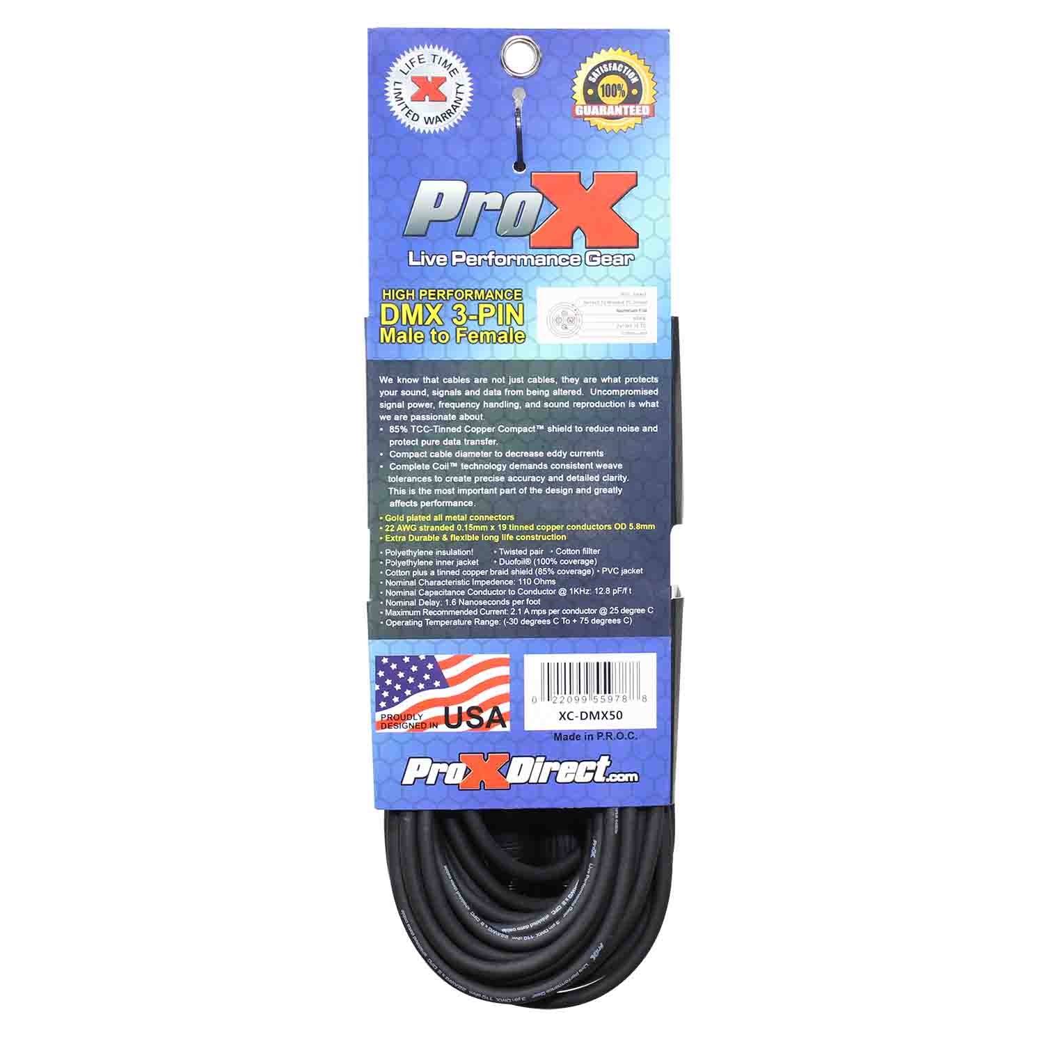 ProX XC-DMX50, DMX XLR3-M to XLR3-F High Performance Cable - 50 Feet by ProX Cases