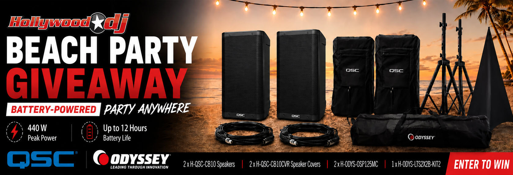 Promotional giveaway banner for a beach party package featuring four Odyssey QSC speakers and speaker covers, a speaker stand, and a black bag, set against a sunset beach background with string lights.