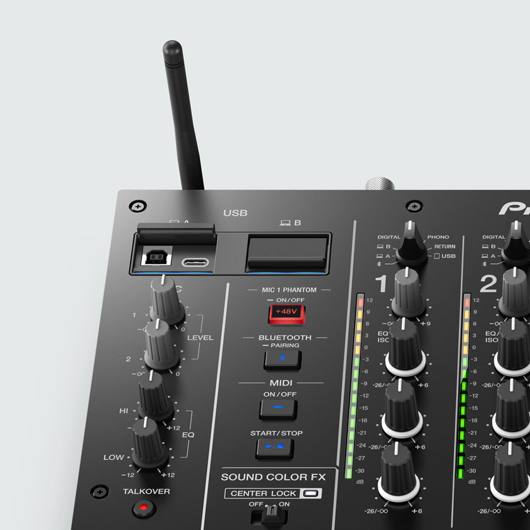 Pioneer DJ DJM-A9 top panel detail showing USB ports, phantom power and Center Lock - Hollywood DJ