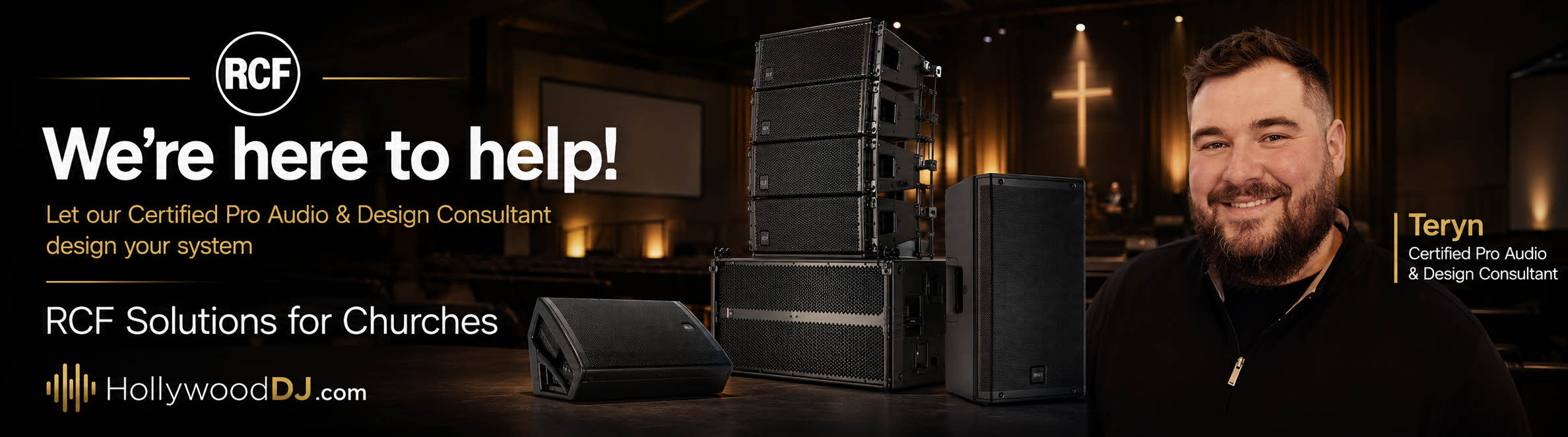 Church PA system and array speakers with a qualified sound tech presenting RCF solutions for churches.